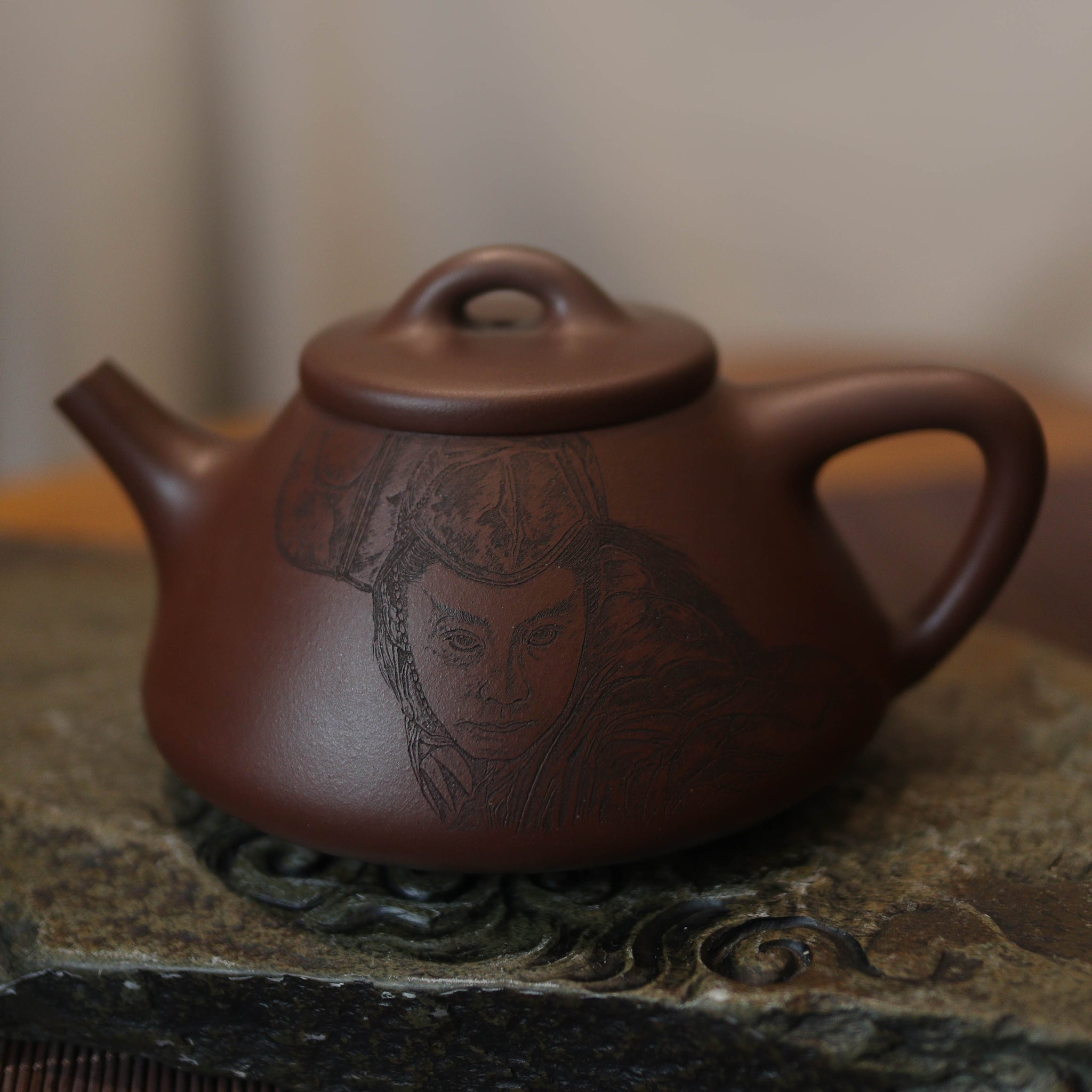 *New Product* [Ziye Stone Scoop] Fully handmade old purple clay teapot with calligraphy and painting