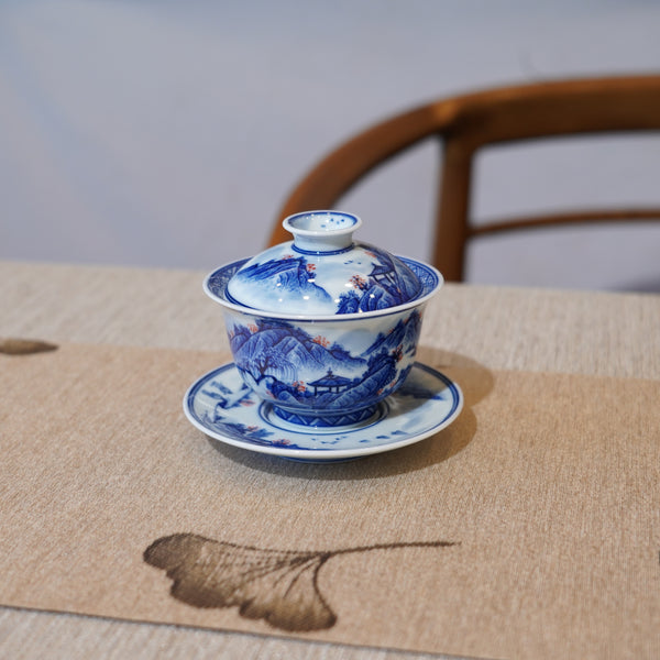 *新品*【青花山水】景德鎮手繪青花釉裏紅山水小品三才蓋碗