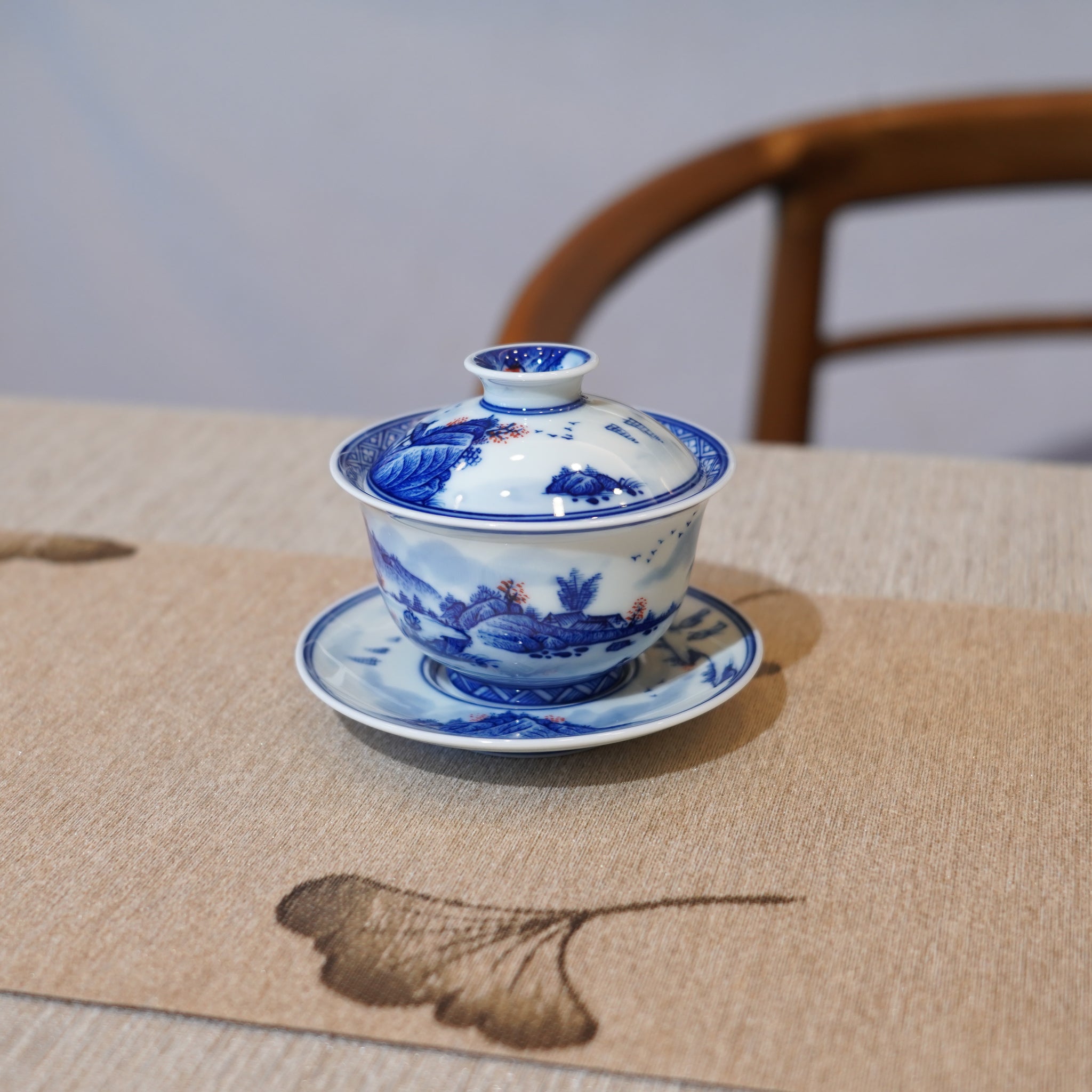 *新品*【青花山水】景德鎮手繪青花釉裏紅山水小品三才蓋碗