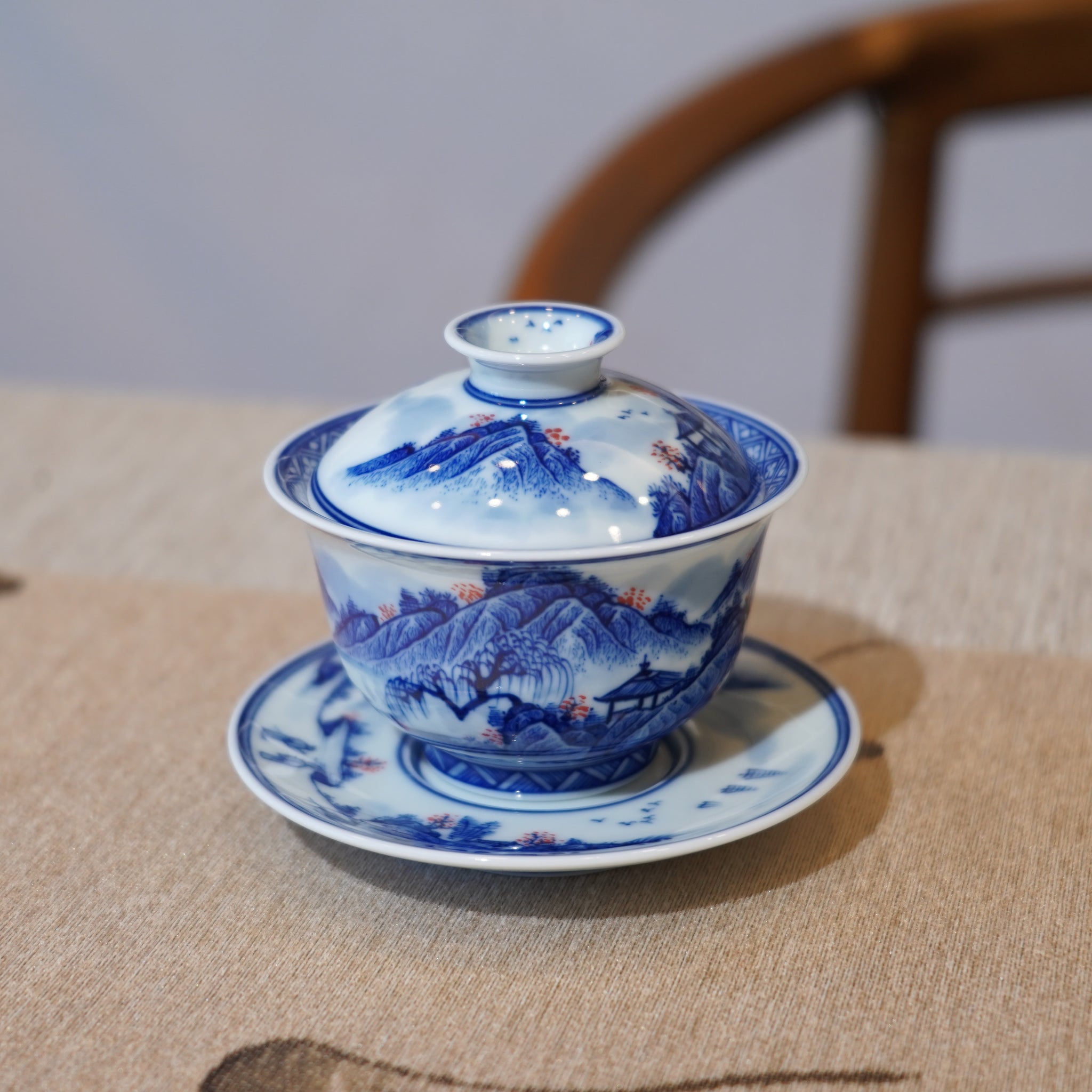 *新品*【青花山水】景德鎮手繪青花釉裏紅山水小品三才蓋碗