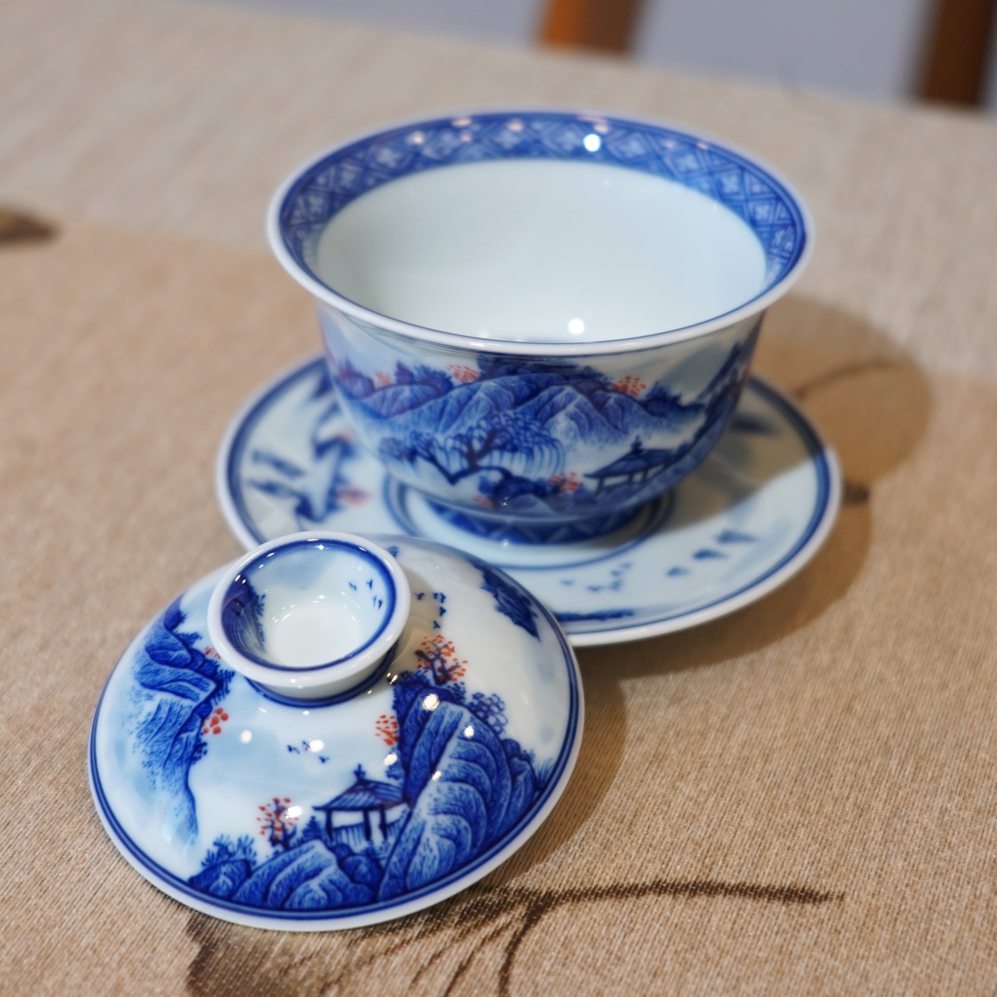 *新品*【青花山水】景德鎮手繪青花釉裏紅山水小品三才蓋碗