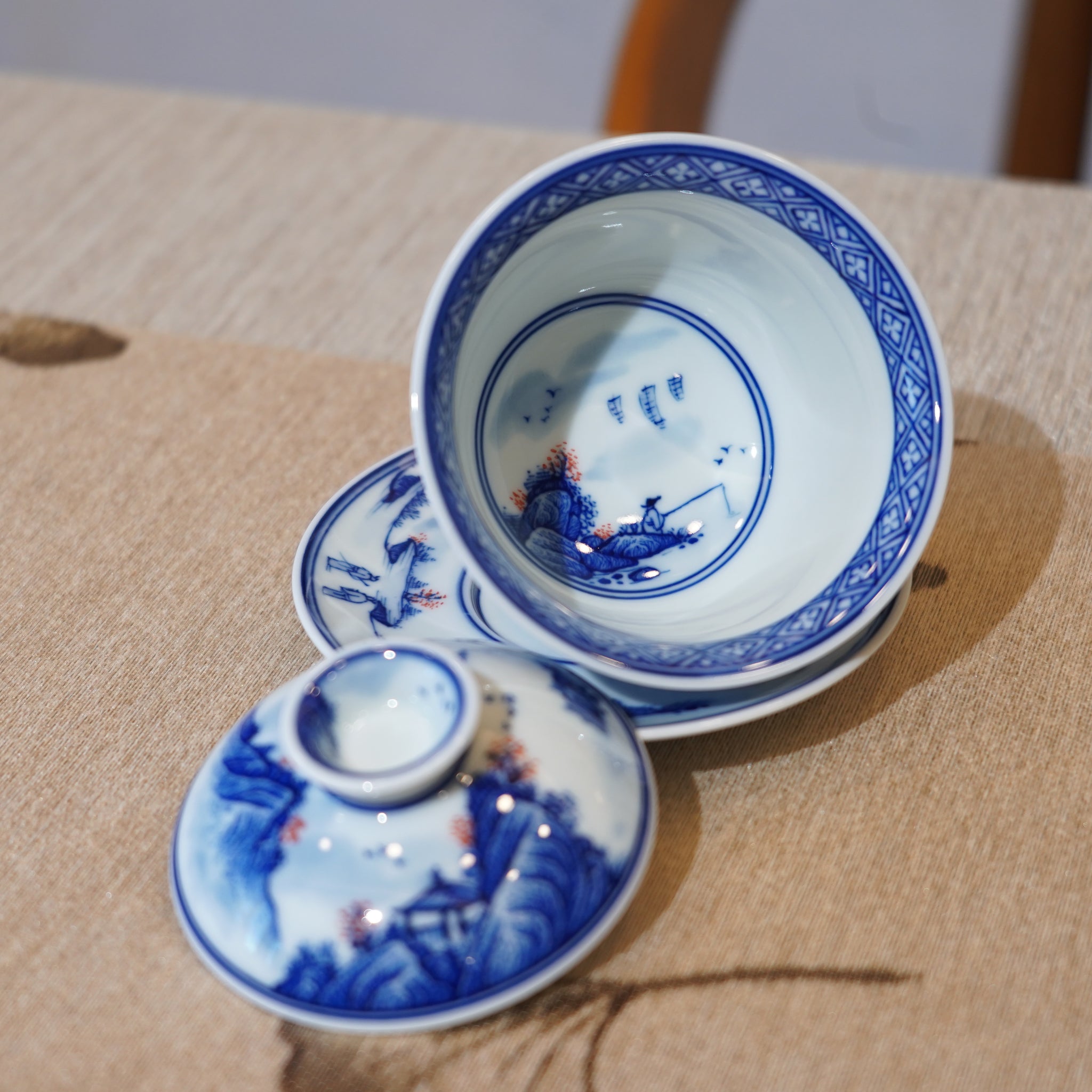 *新品*【青花山水】景德鎮手繪青花釉裏紅山水小品三才蓋碗