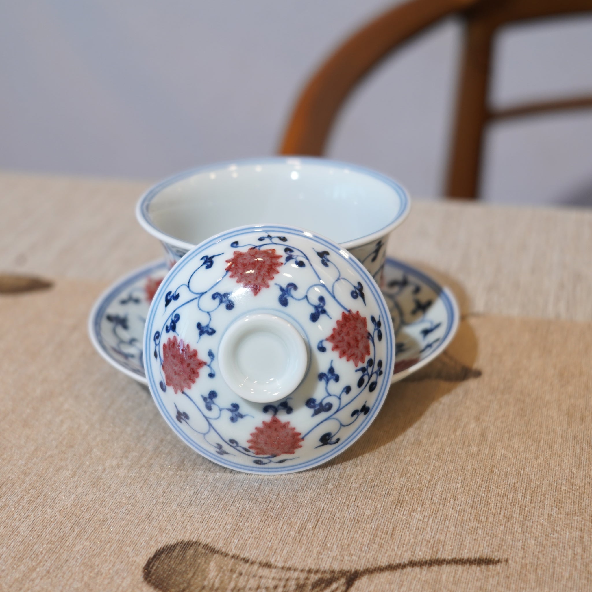 *新品*【纏枝蓮】景德鎮手繪青花釉裏紅山水小品三才蓋碗