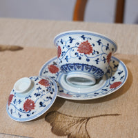 *新品*【纏枝蓮】景德鎮手繪青花釉裏紅山水小品三才蓋碗