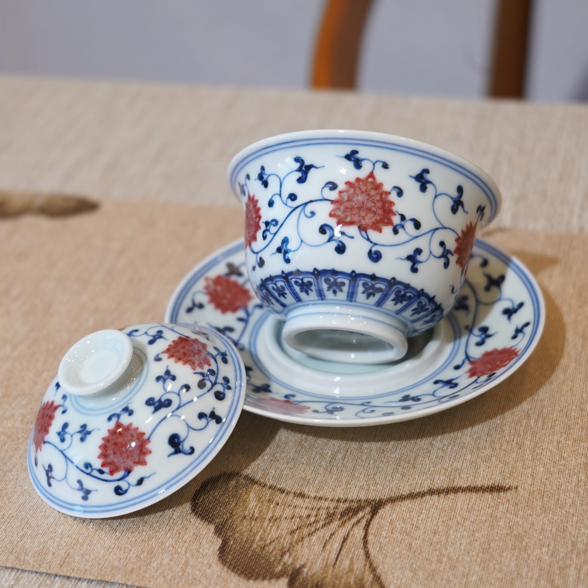 *新品*【纏枝蓮】景德鎮手繪青花釉裏紅山水小品三才蓋碗