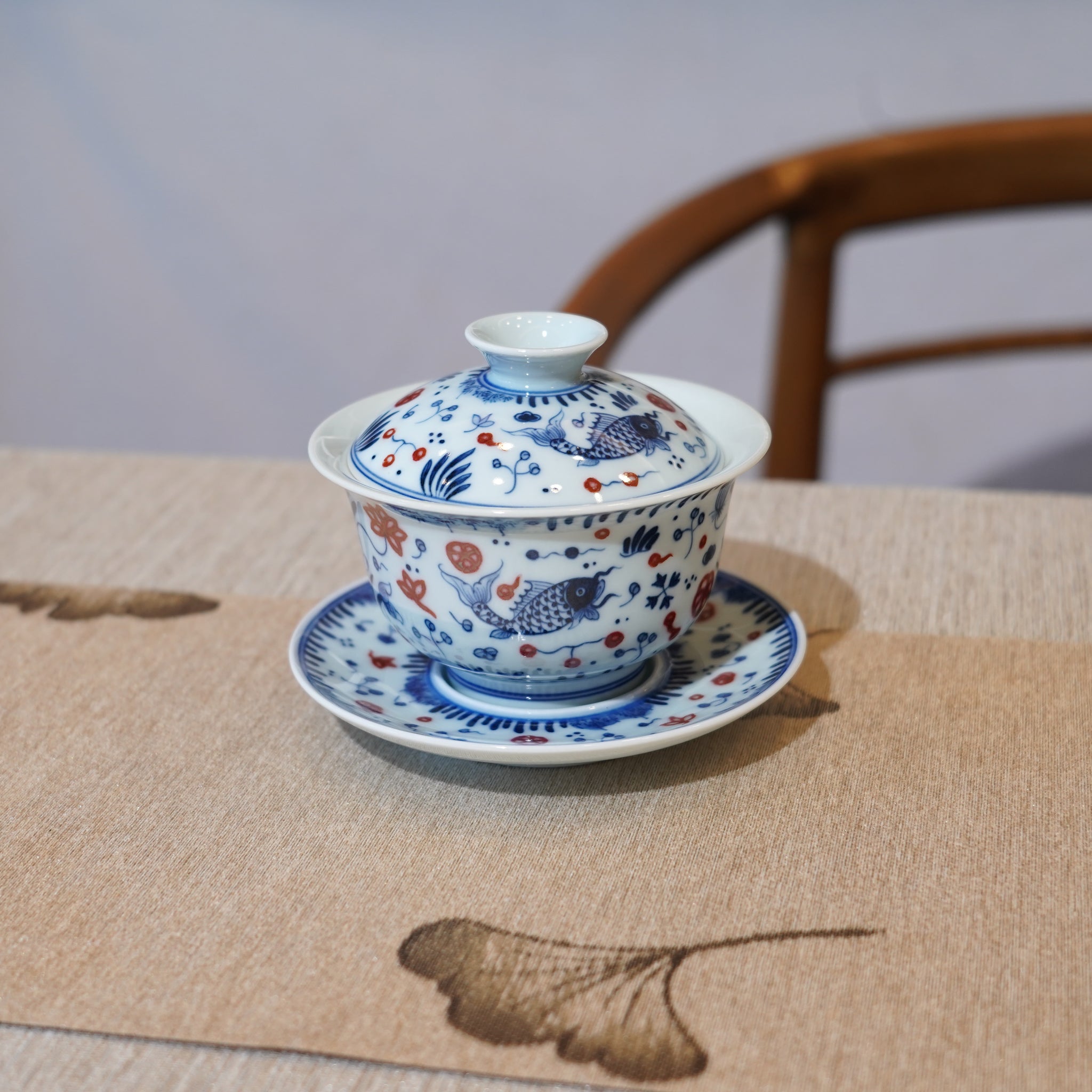 *新品*【魚藻紋】景德鎮手繪青花釉裏紅山水三才蓋碗