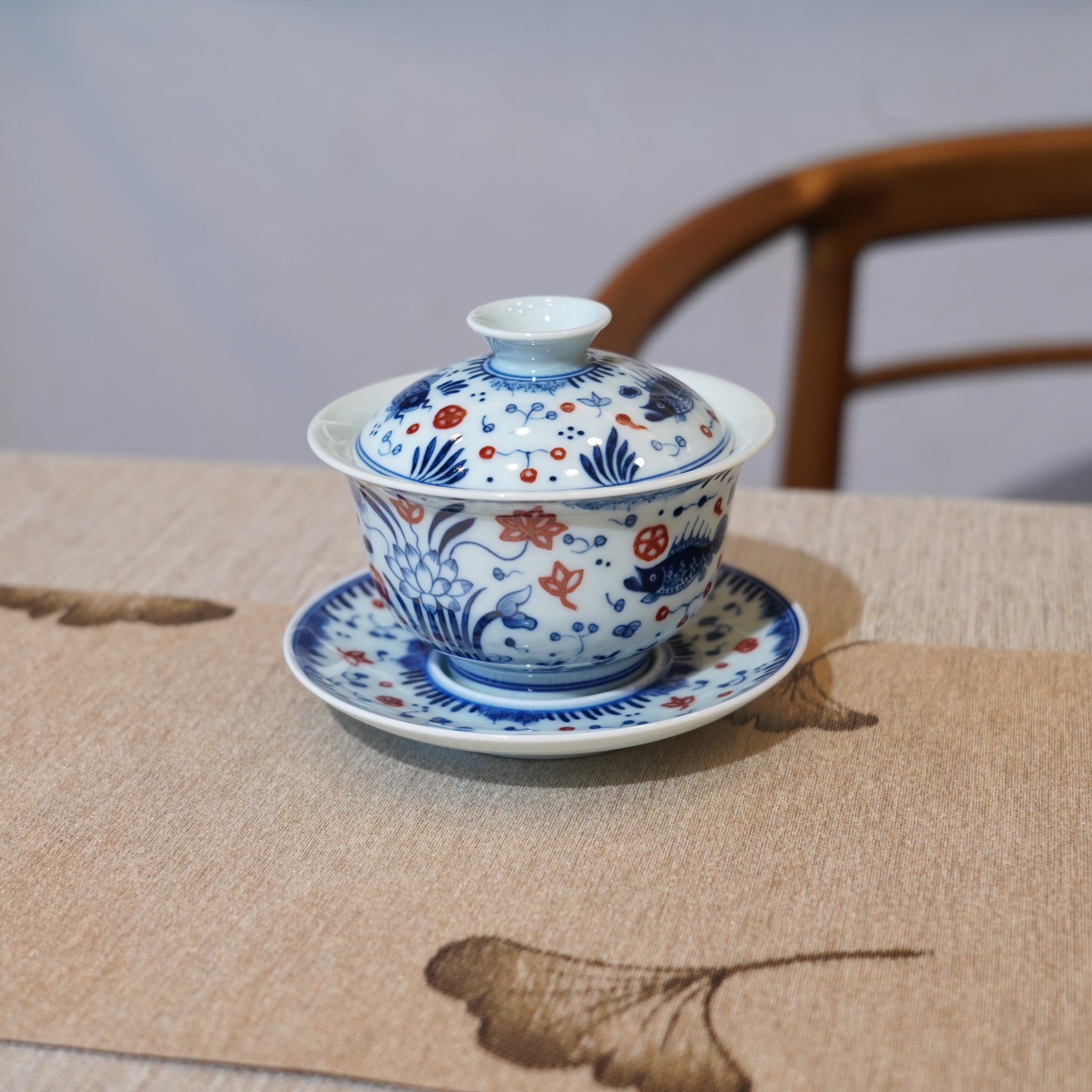 *新品*【魚藻紋】景德鎮手繪青花釉裏紅山水三才蓋碗