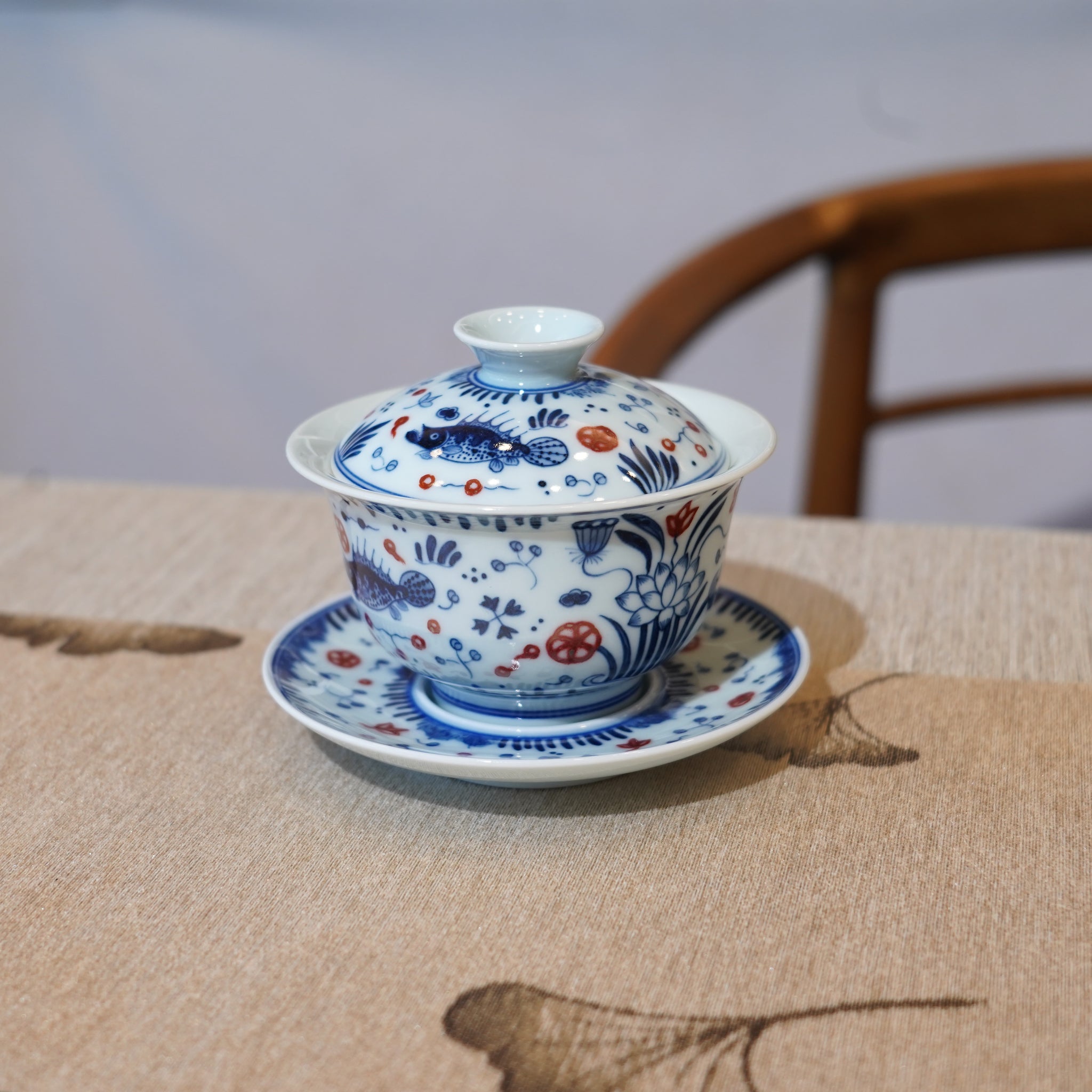 *新品*【魚藻紋】景德鎮手繪青花釉裏紅山水三才蓋碗