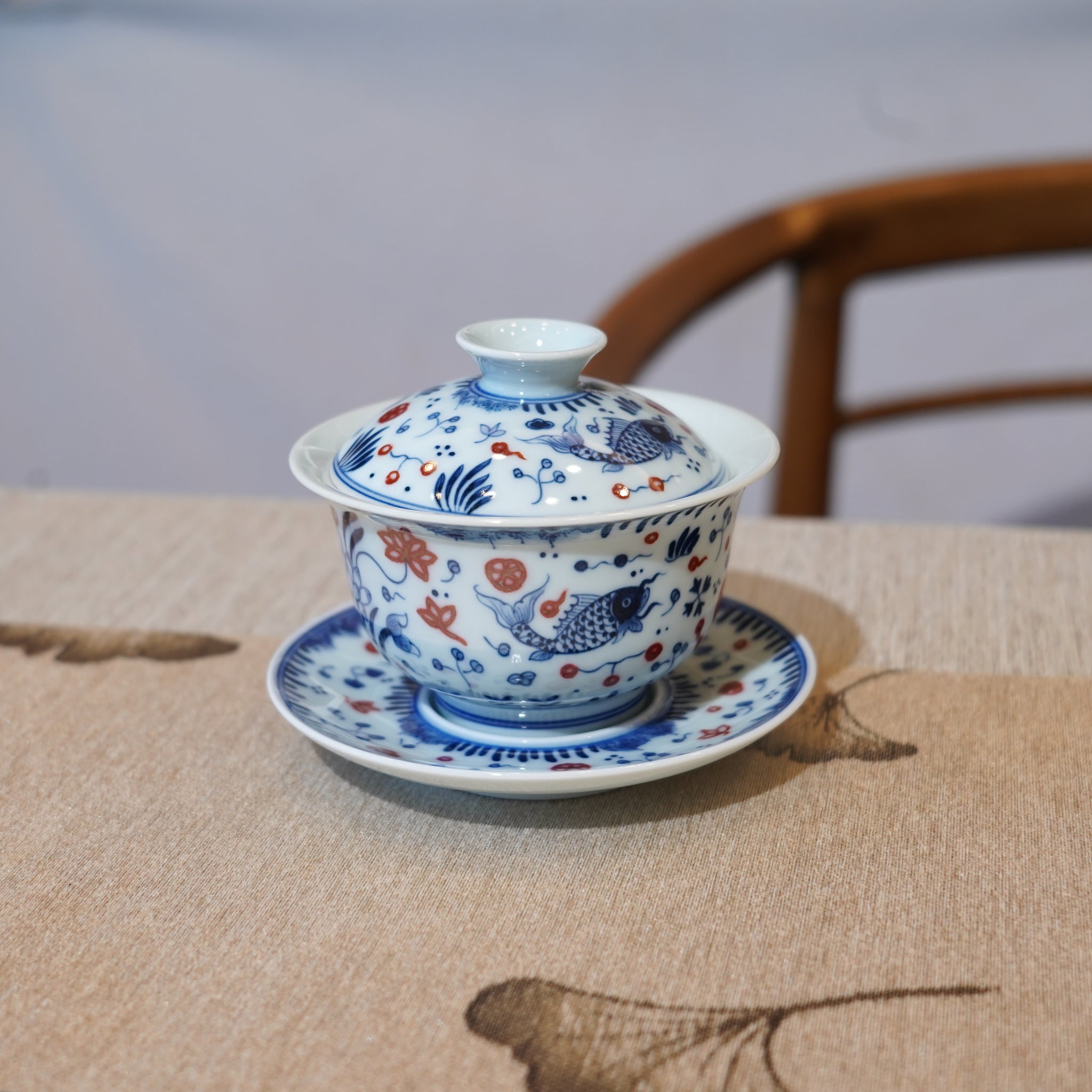 *新品*【魚藻紋】景德鎮手繪青花釉裏紅山水三才蓋碗