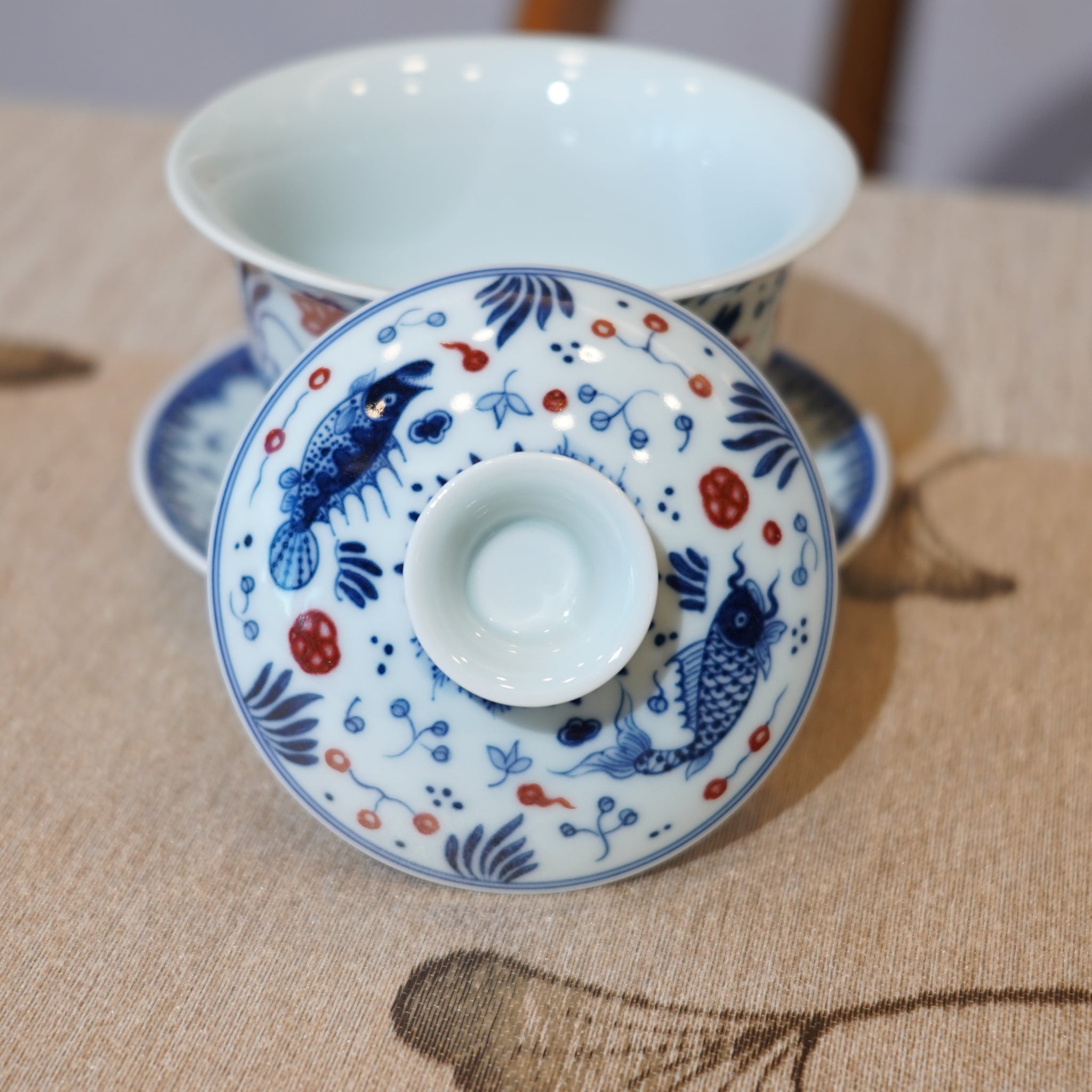 *新品*【魚藻紋】景德鎮手繪青花釉裏紅山水三才蓋碗