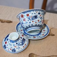 *新品*【魚藻紋】景德鎮手繪青花釉裏紅山水三才蓋碗