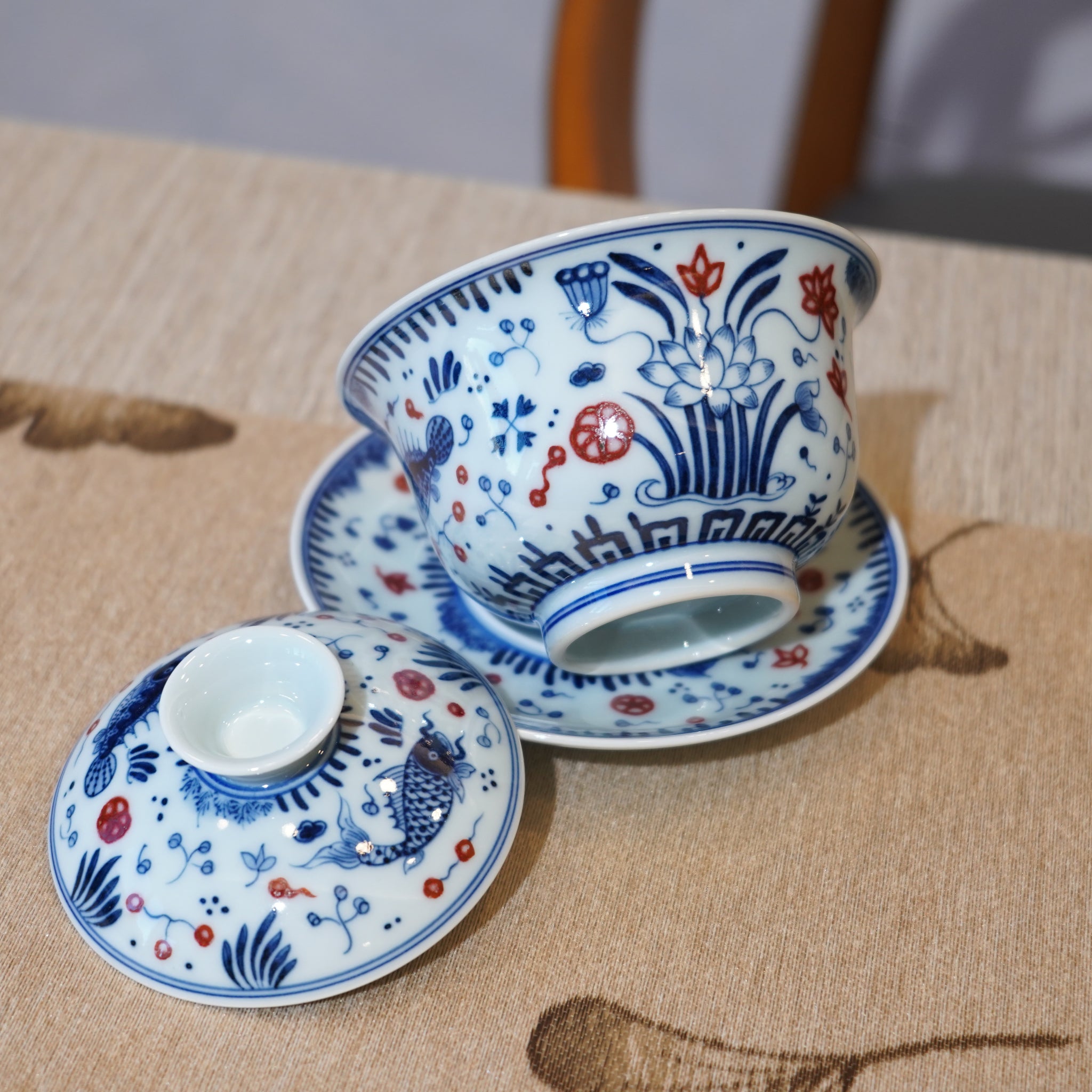 *新品*【魚藻紋】景德鎮手繪青花釉裏紅山水三才蓋碗