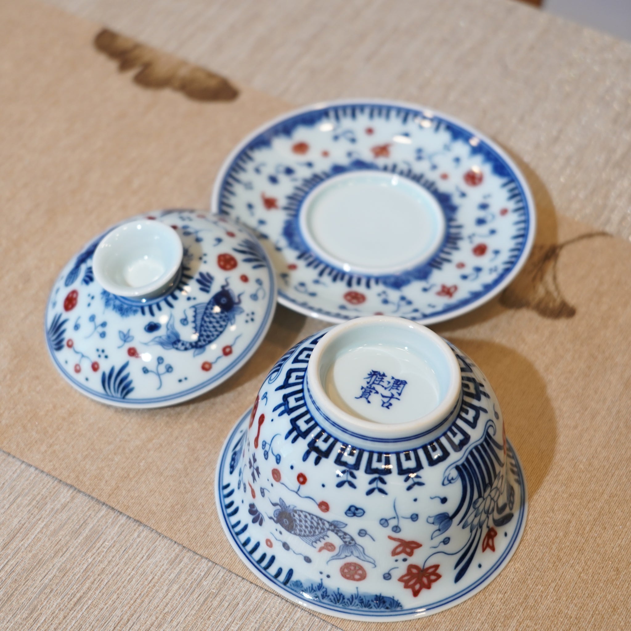 *新品*【魚藻紋】景德鎮手繪青花釉裏紅山水三才蓋碗