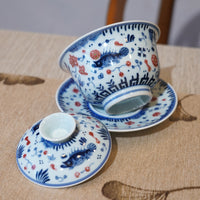 *新品*【魚藻紋】景德鎮手繪青花釉裏紅山水三才蓋碗