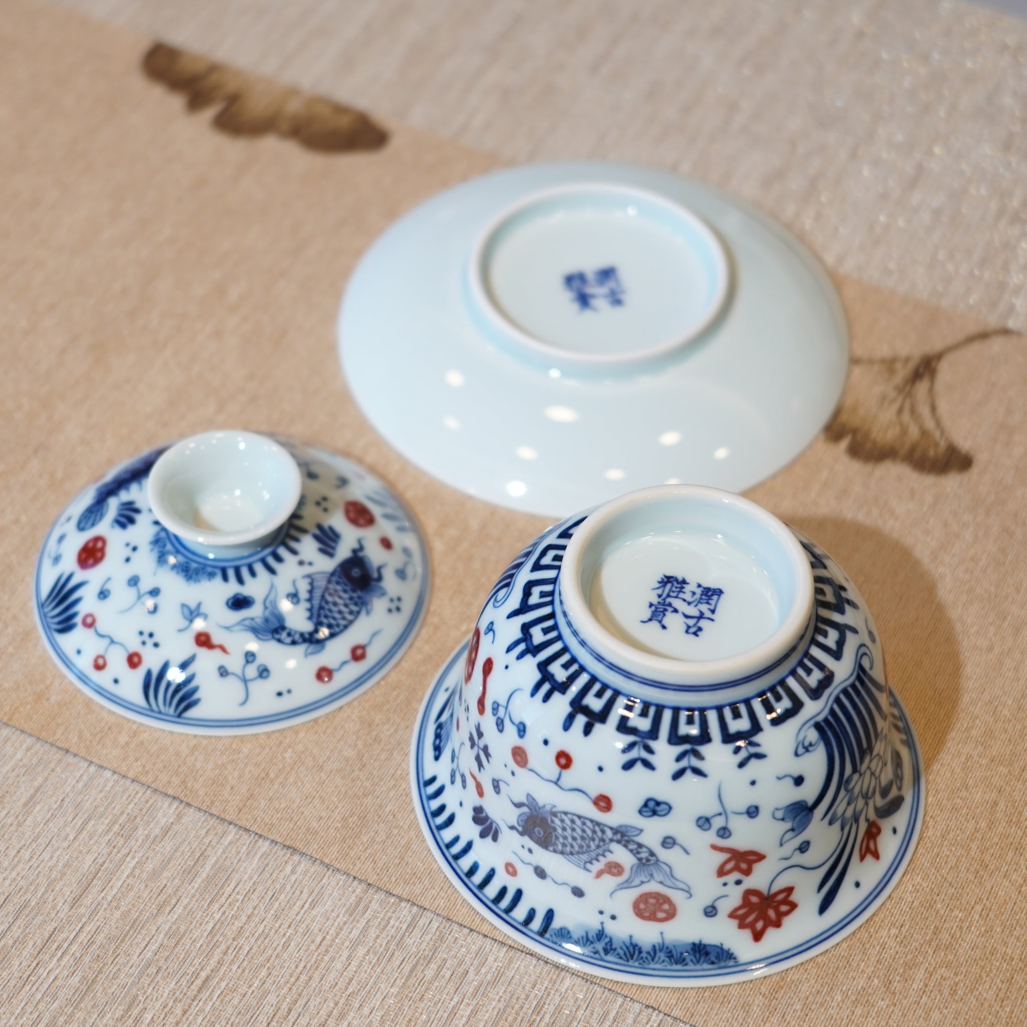 *新品*【魚藻紋】景德鎮手繪青花釉裏紅山水三才蓋碗