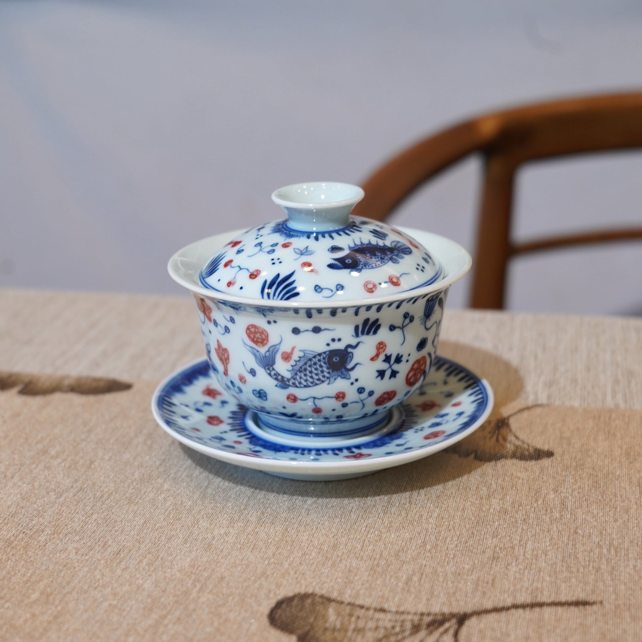 *新品*【魚藻紋】景德鎮手繪青花釉裏紅山水三才蓋碗