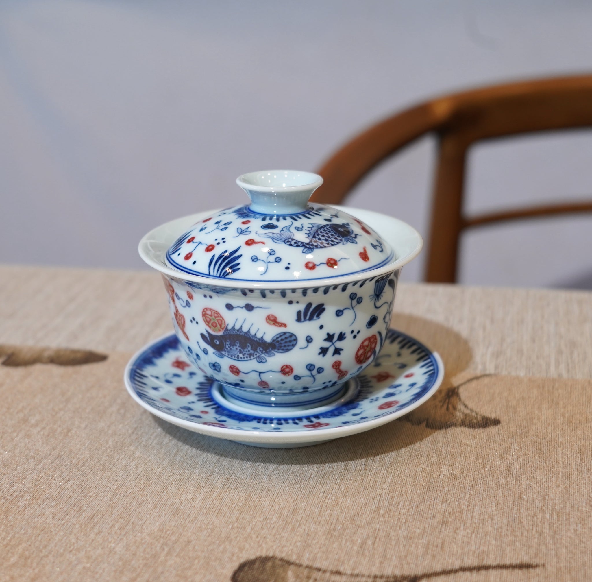 *新品*【魚藻紋】景德鎮手繪青花釉裏紅山水三才蓋碗