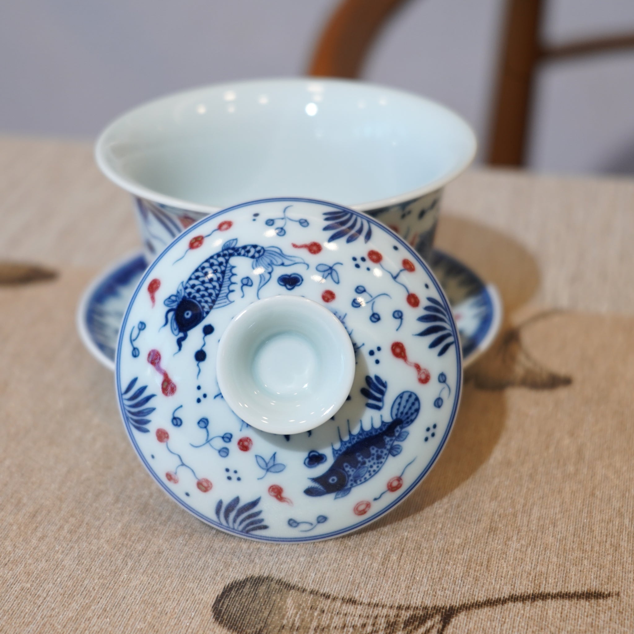 *新品*【魚藻紋】景德鎮手繪青花釉裏紅山水三才蓋碗