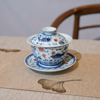 *新品*【魚藻紋】景德鎮手繪青花釉裏紅山水三才蓋碗