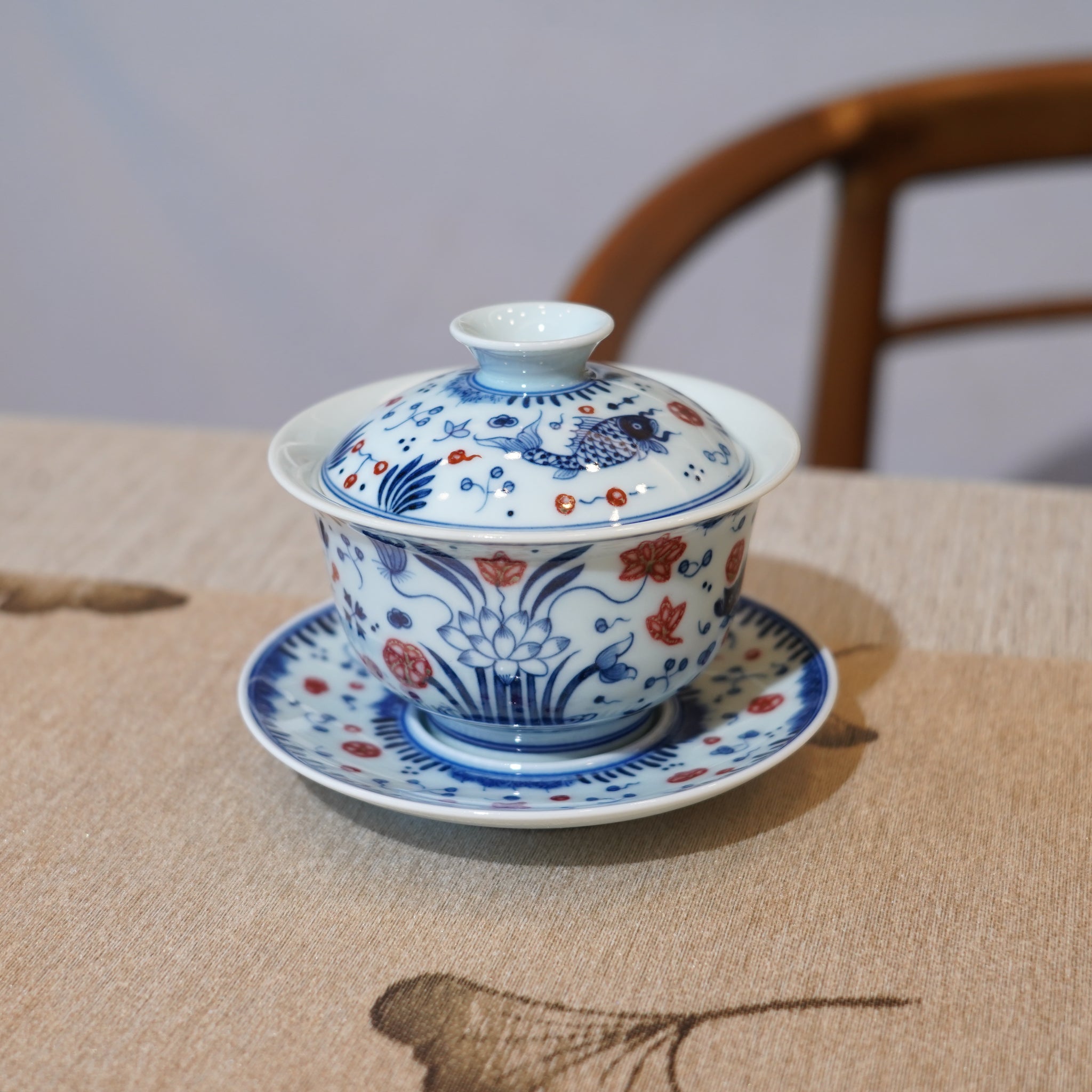 *新品*【魚藻紋】景德鎮手繪青花釉裏紅山水三才蓋碗