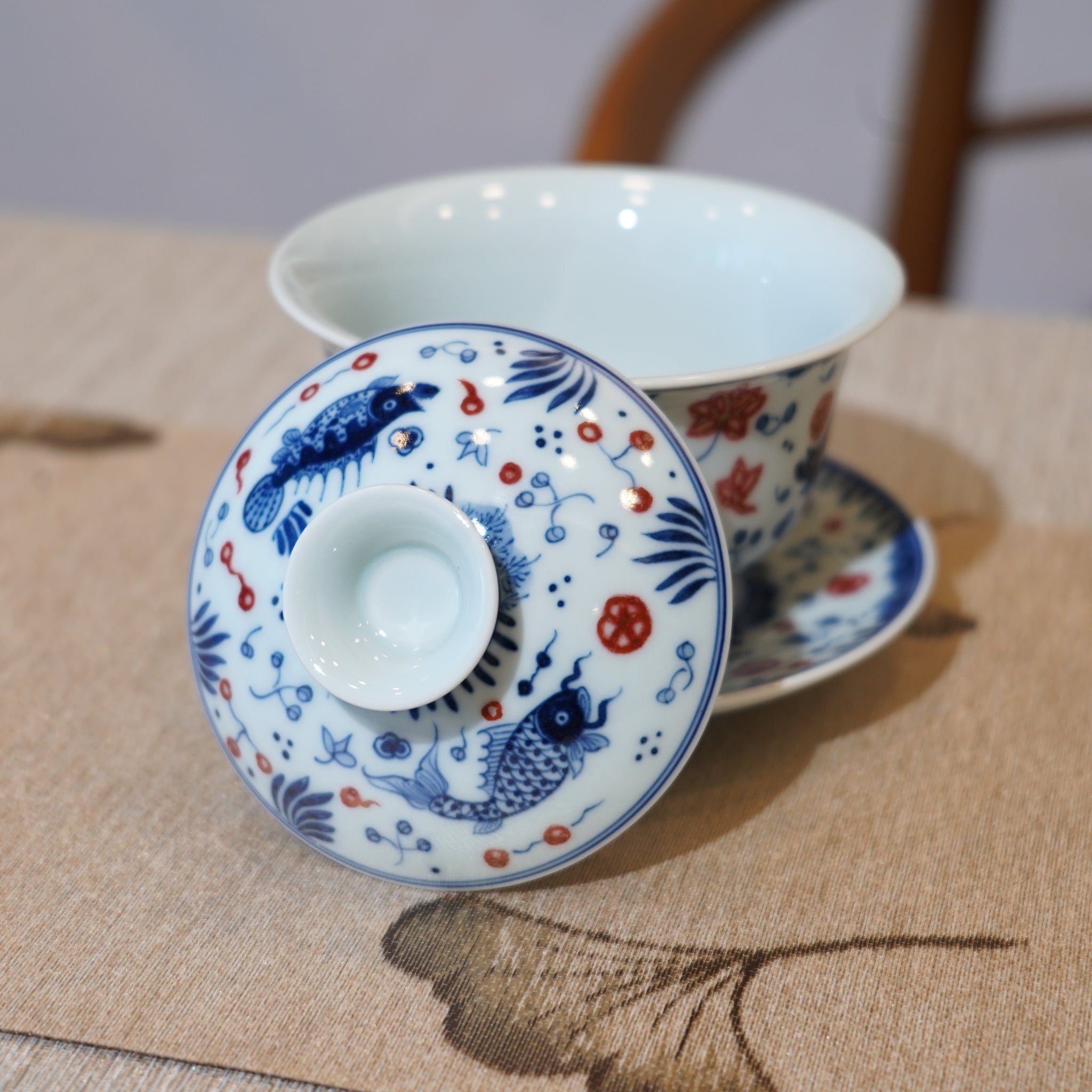 *新品*【魚藻紋】景德鎮手繪青花釉裏紅山水三才蓋碗