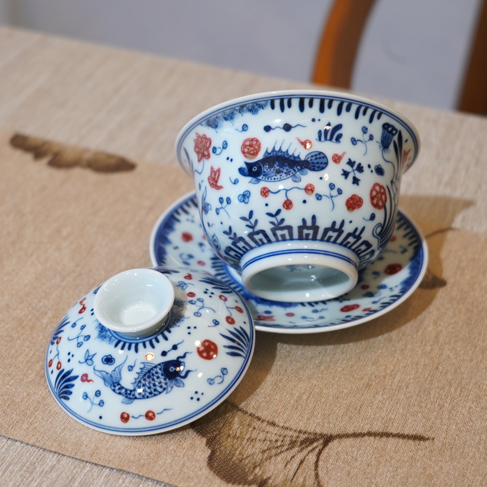 *新品*【魚藻紋】景德鎮手繪青花釉裏紅山水三才蓋碗