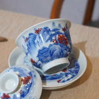 *新品*【湖光山色】景德鎮手繪青花釉裏紅山水三才蓋碗
