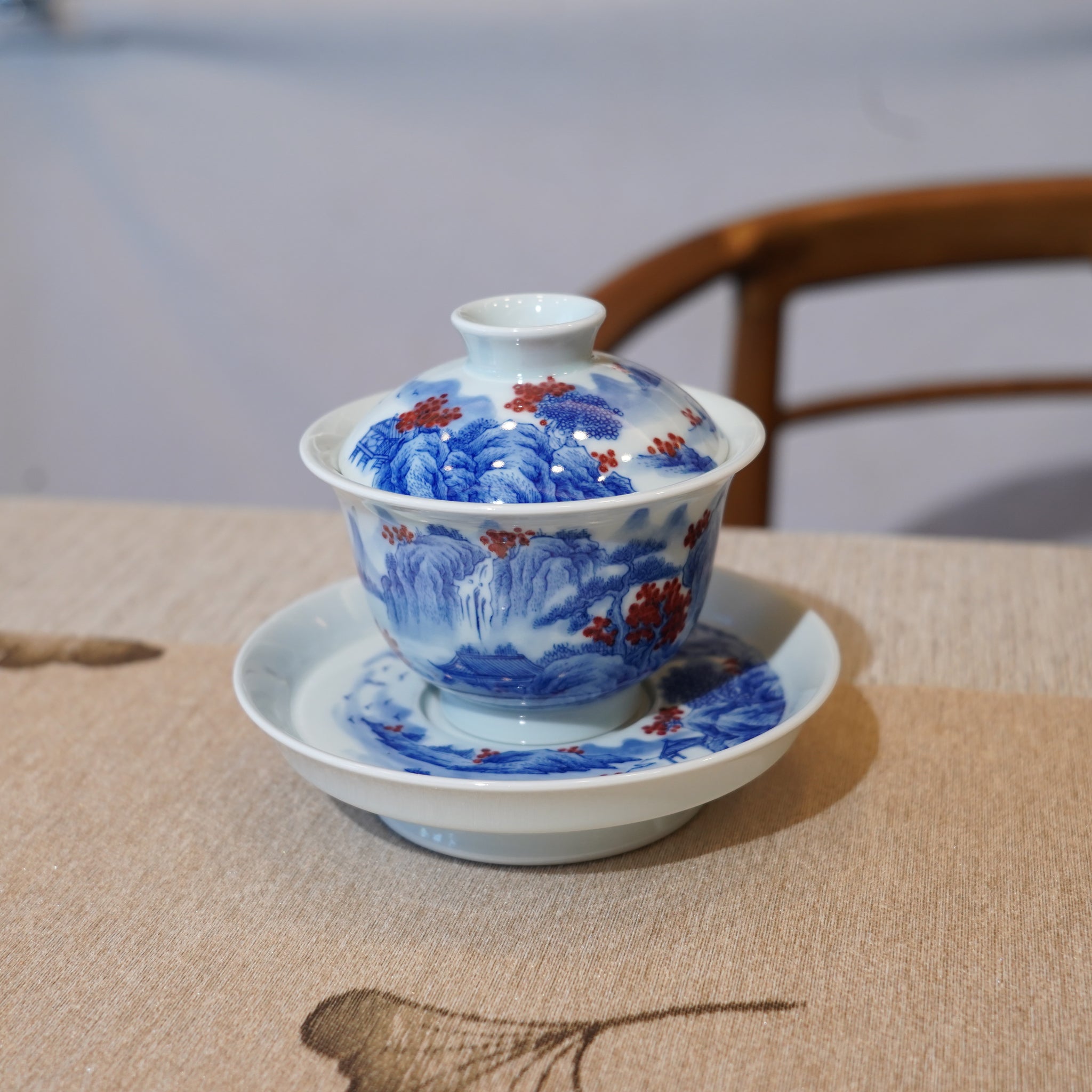 *新品*【湖光山色】景德鎮手繪青花釉裏紅山水三才蓋碗