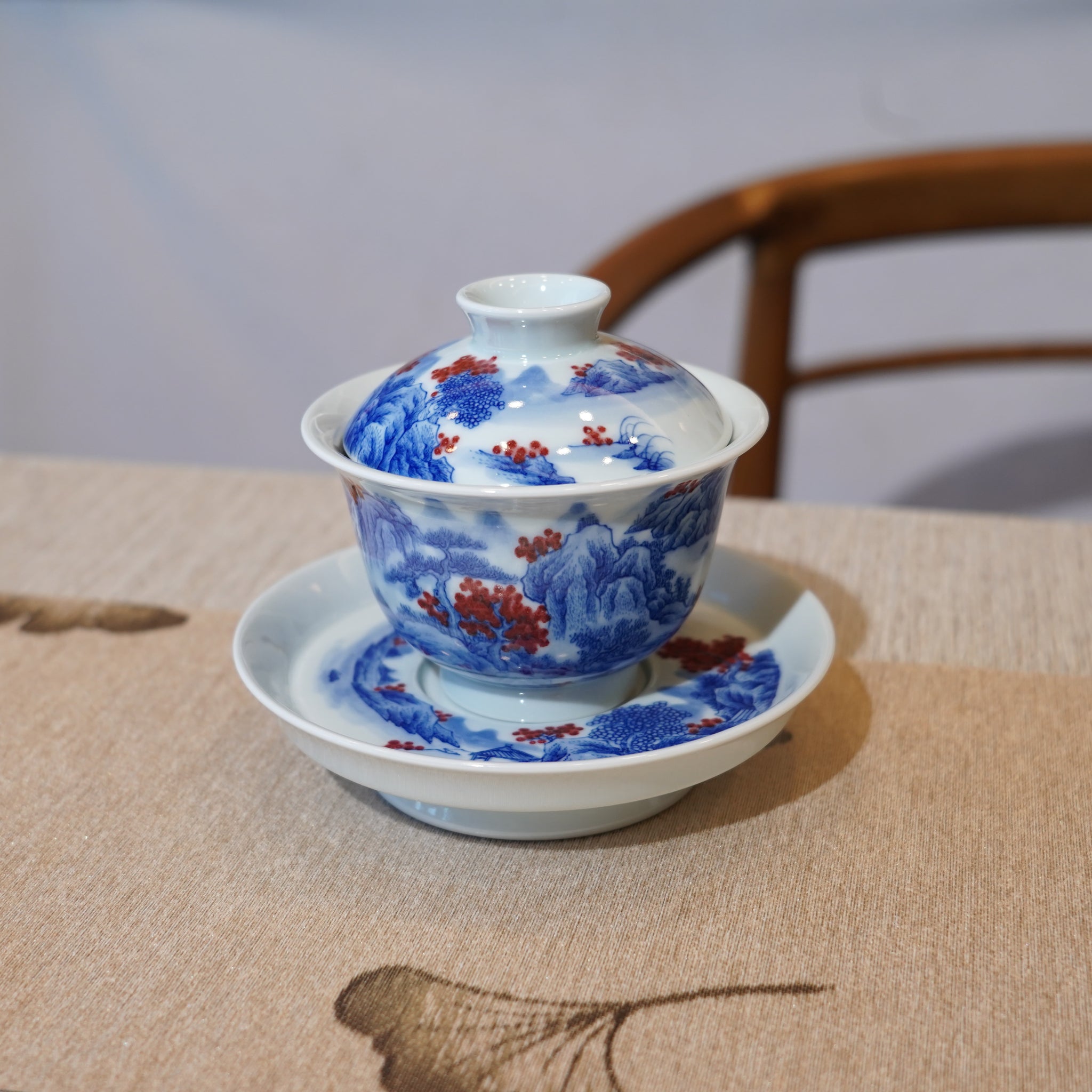 *新品*【湖光山色】景德鎮手繪青花釉裏紅山水三才蓋碗