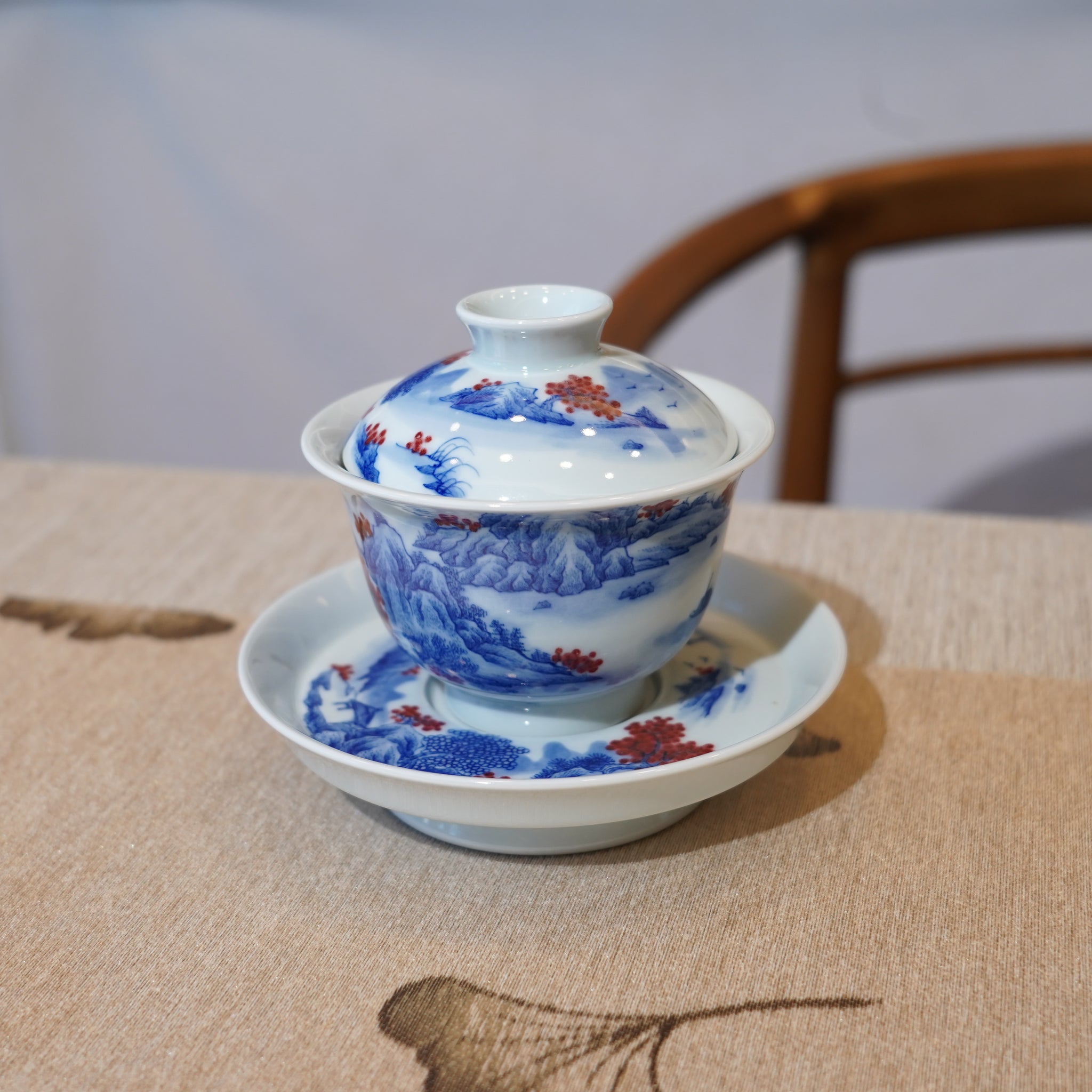 *新品*【湖光山色】景德鎮手繪青花釉裏紅山水三才蓋碗