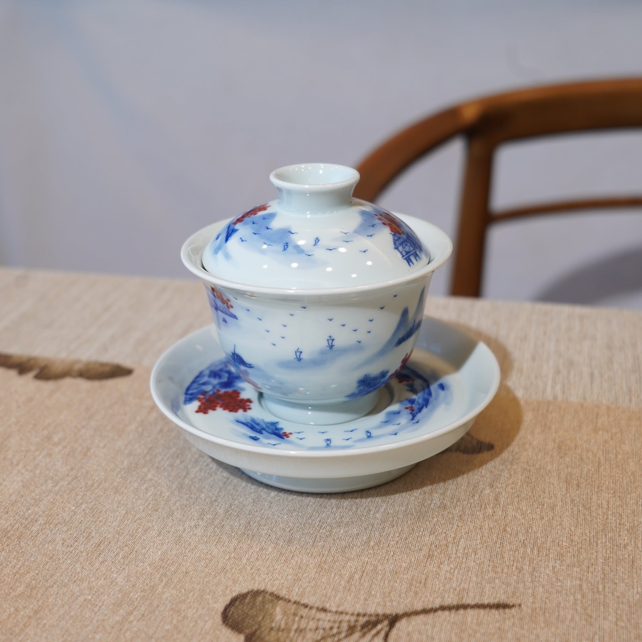 *新品*【湖光山色】景德鎮手繪青花釉裏紅山水三才蓋碗