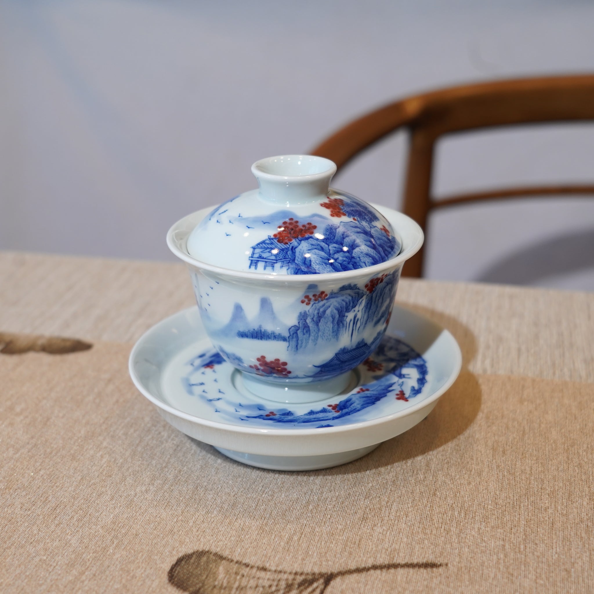 *新品*【湖光山色】景德鎮手繪青花釉裏紅山水三才蓋碗