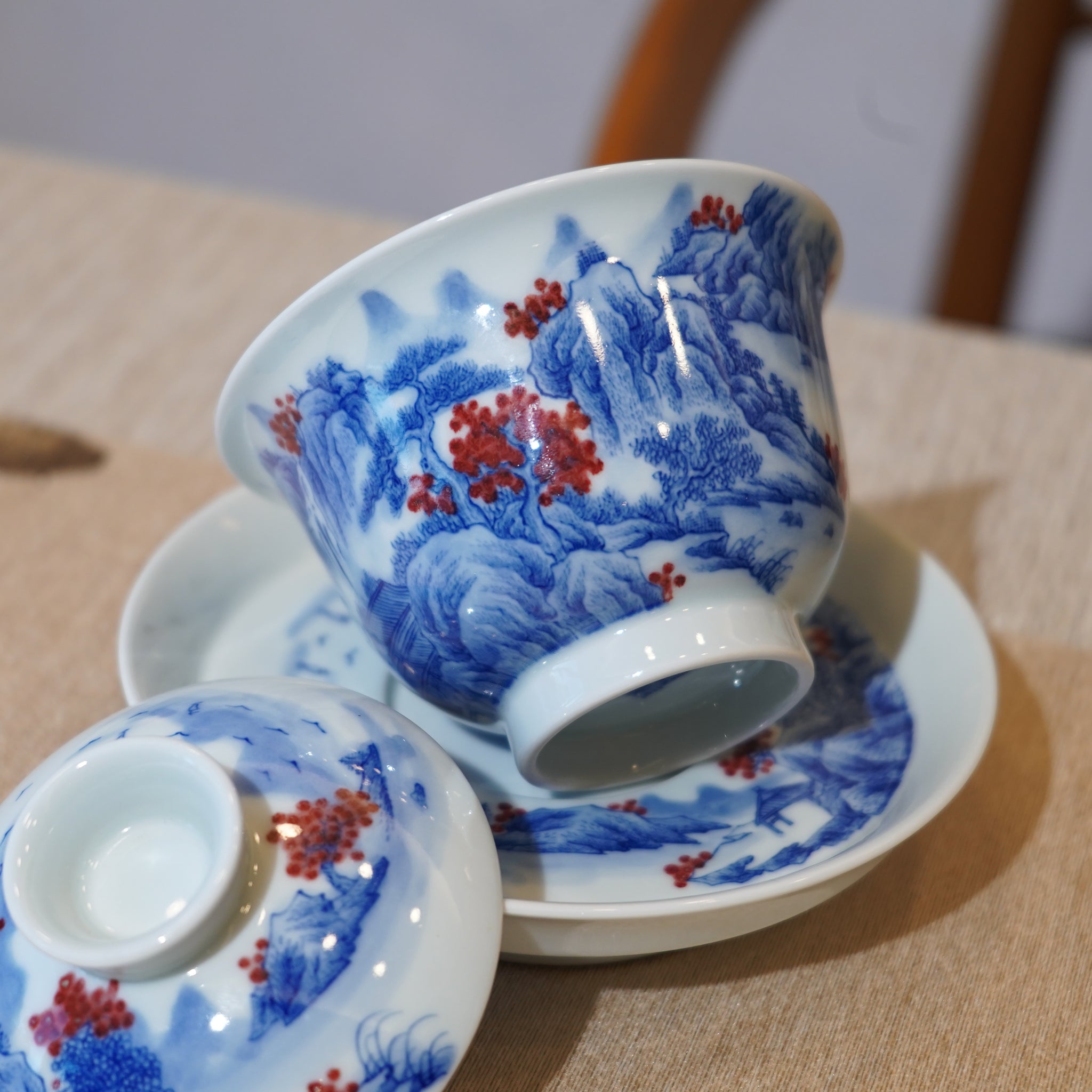 *新品*【湖光山色】景德鎮手繪青花釉裏紅山水三才蓋碗