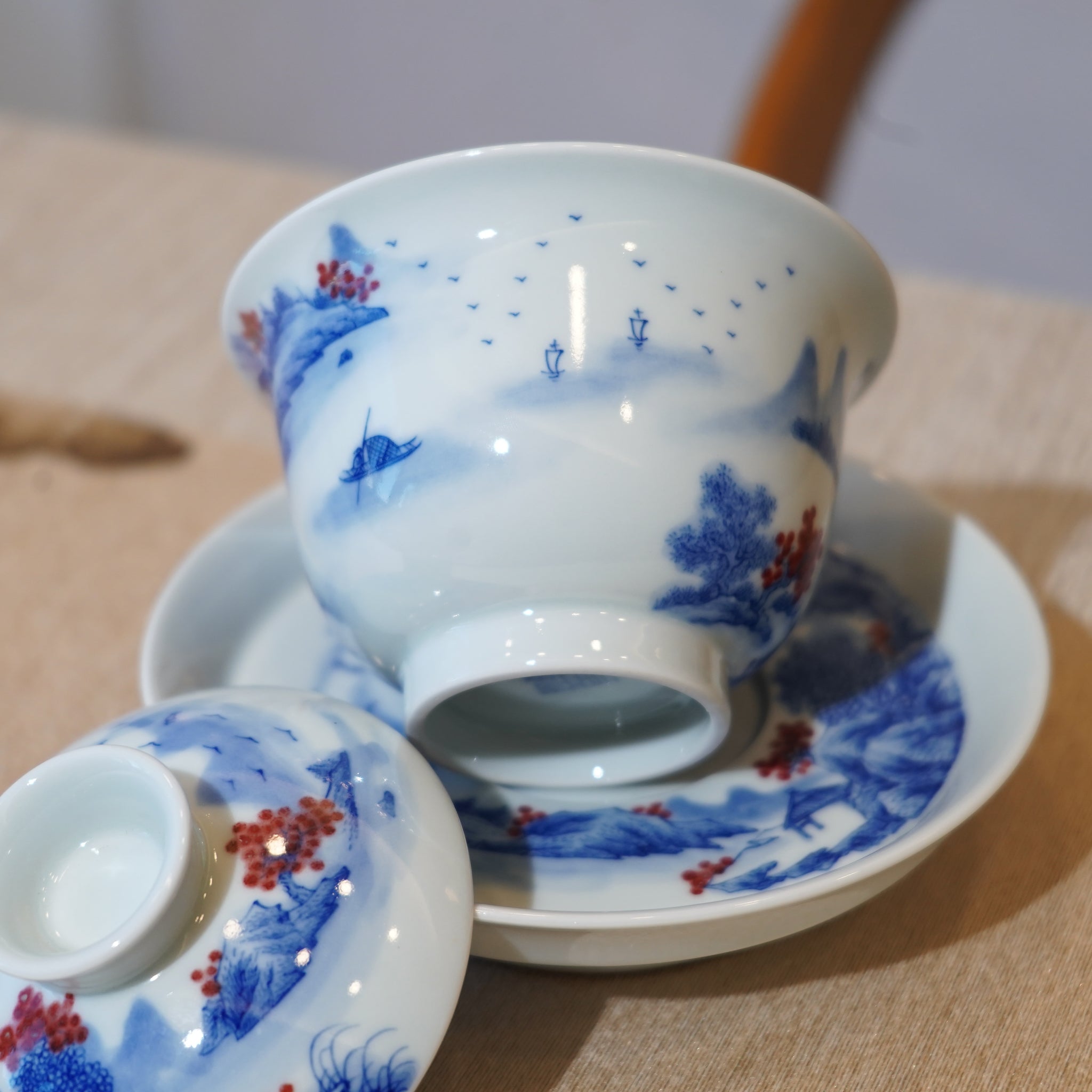 *新品*【湖光山色】景德鎮手繪青花釉裏紅山水三才蓋碗