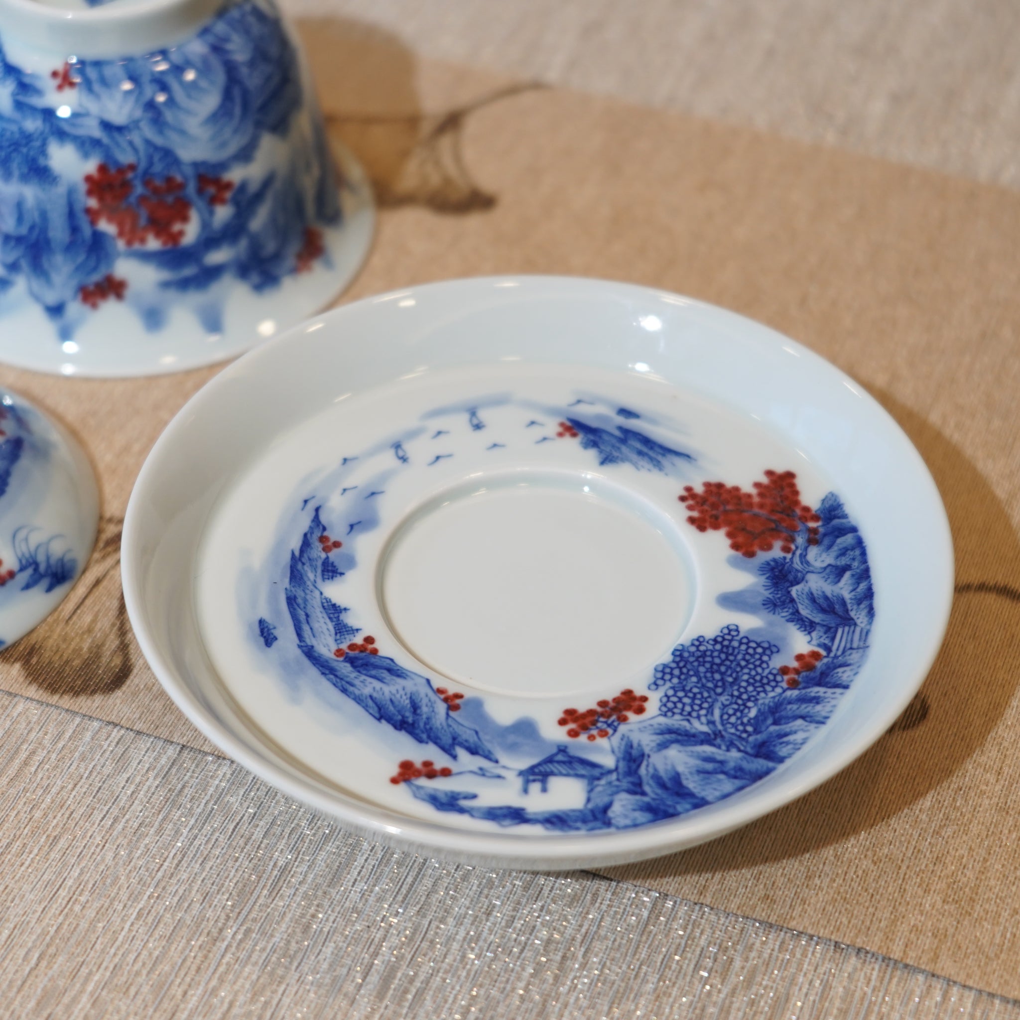 *新品*【湖光山色】景德鎮手繪青花釉裏紅山水三才蓋碗