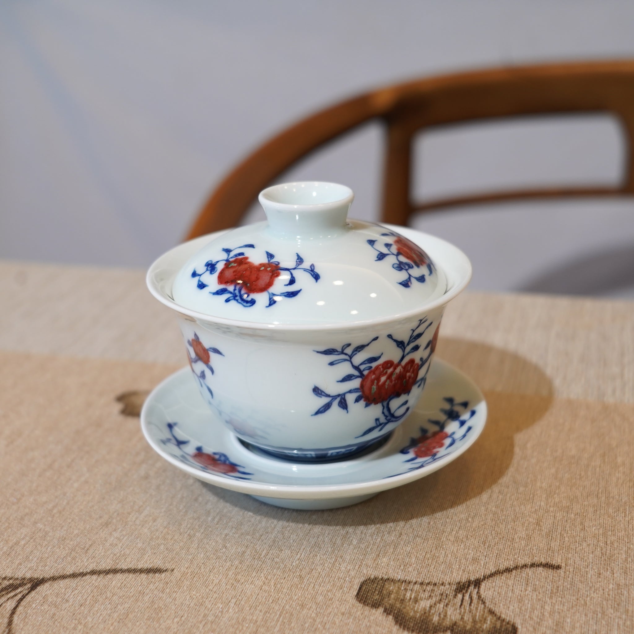 【果樹】景德鎮手繪青花釉裏紅白瓷蓋碗