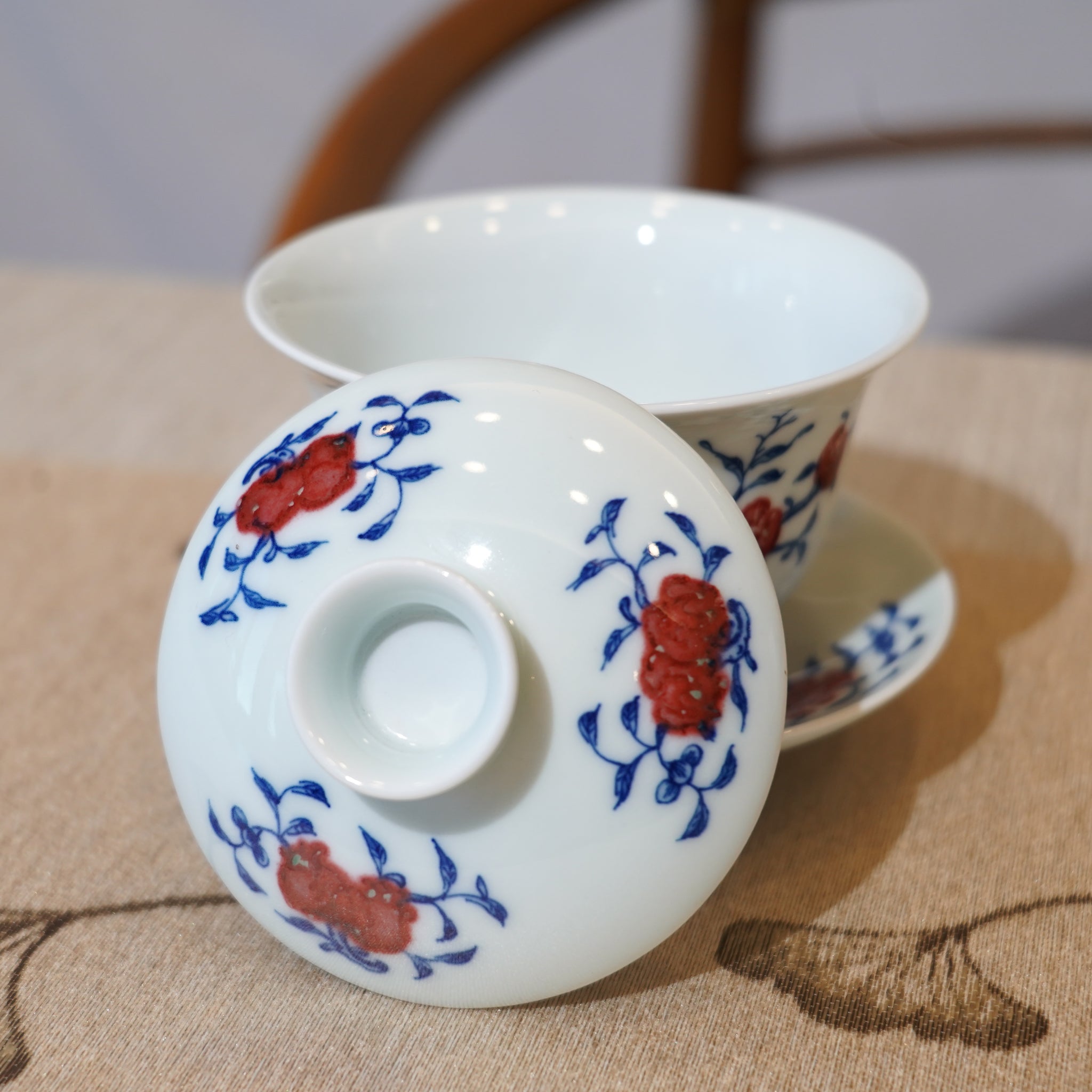 【果樹】景德鎮手繪青花釉裏紅白瓷蓋碗