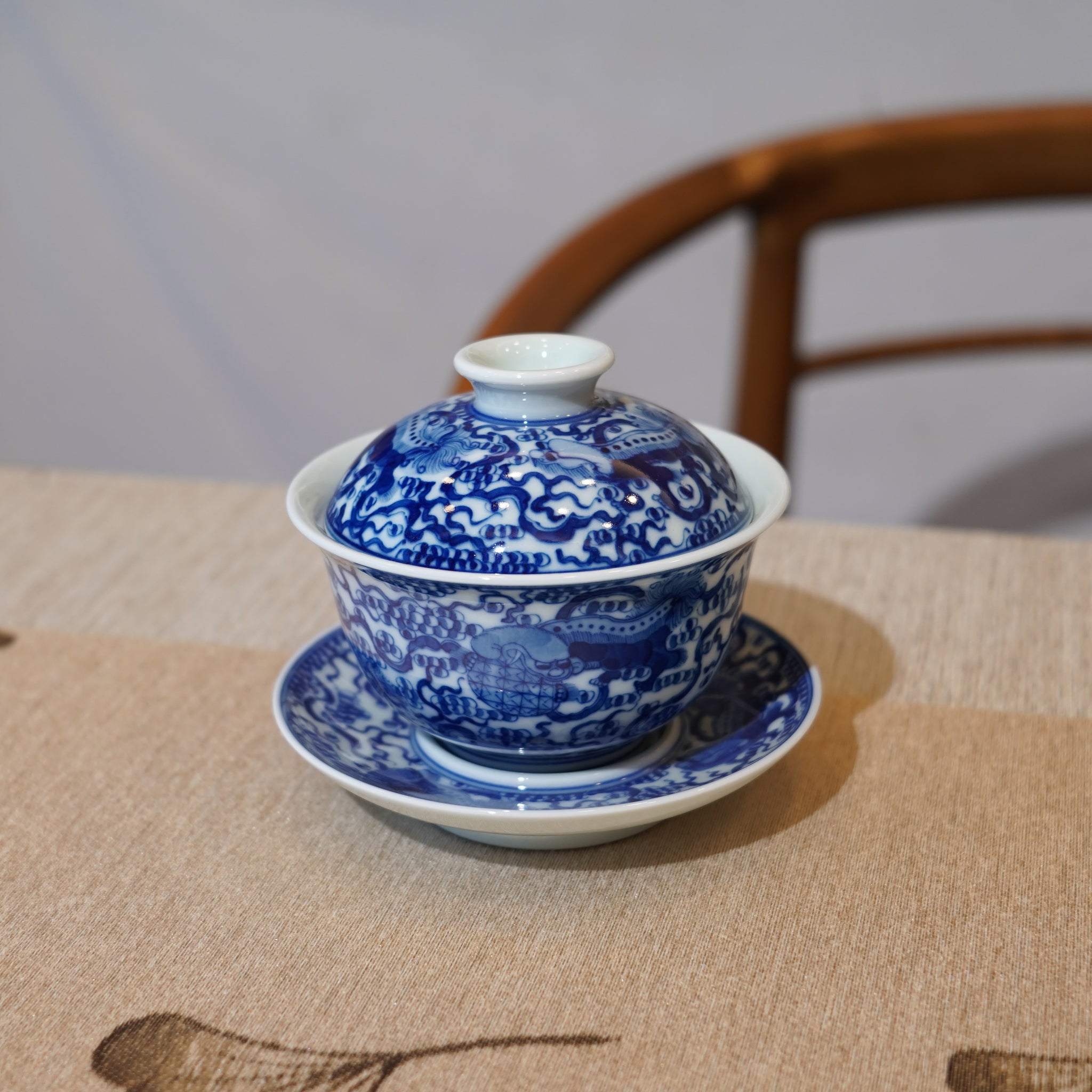 【祥獅獻瑞】景德鎮手繪青花瓷柴窯蓋碗