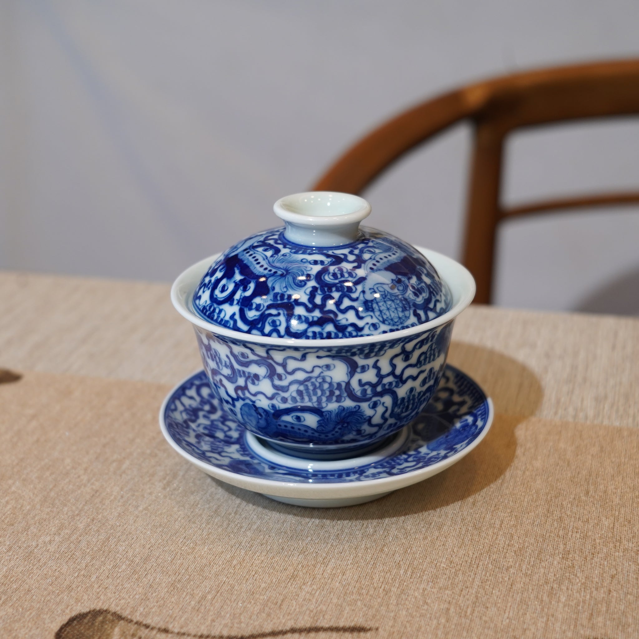 【祥獅獻瑞】景德鎮手繪青花瓷柴窯蓋碗