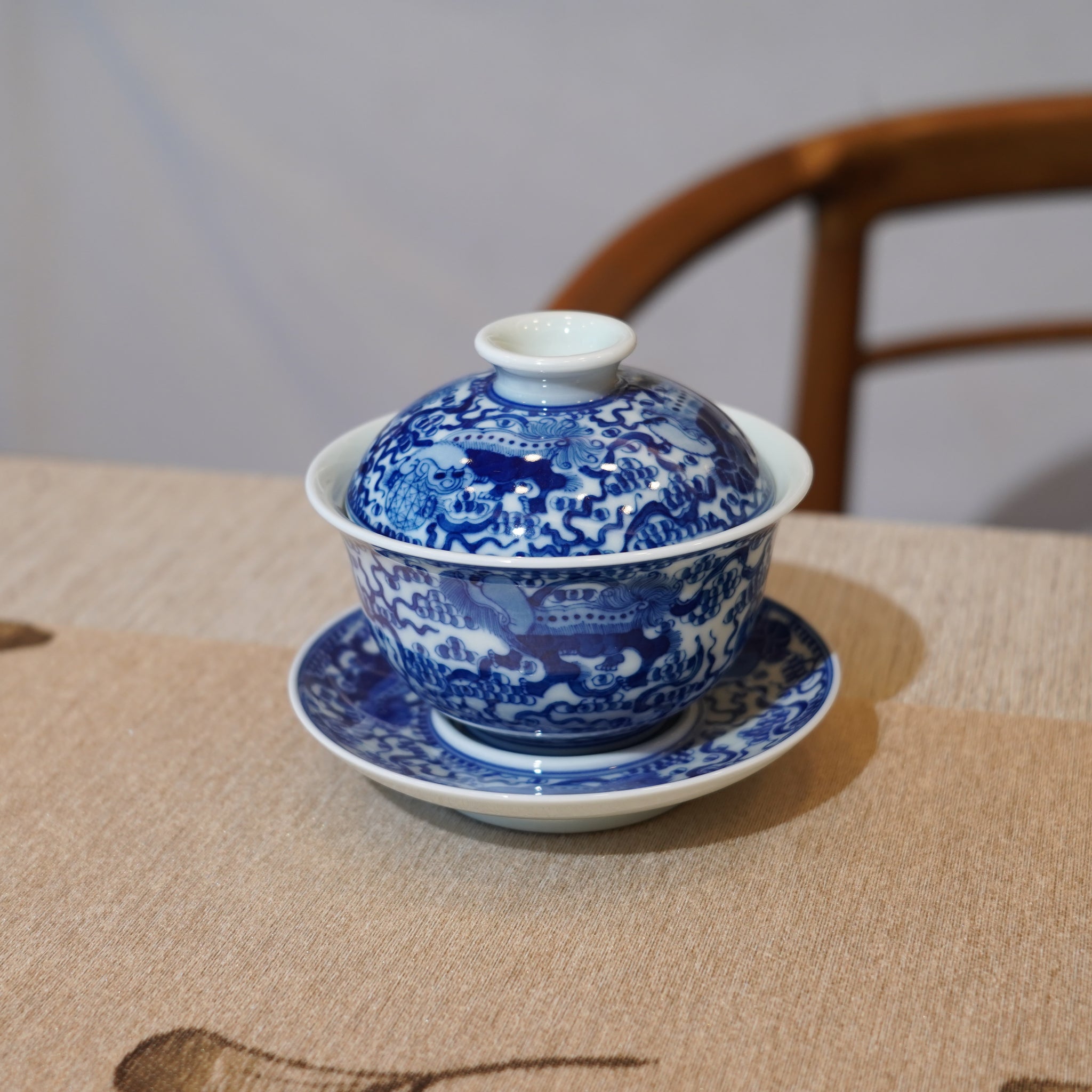 【祥獅獻瑞】景德鎮手繪青花瓷柴窯蓋碗