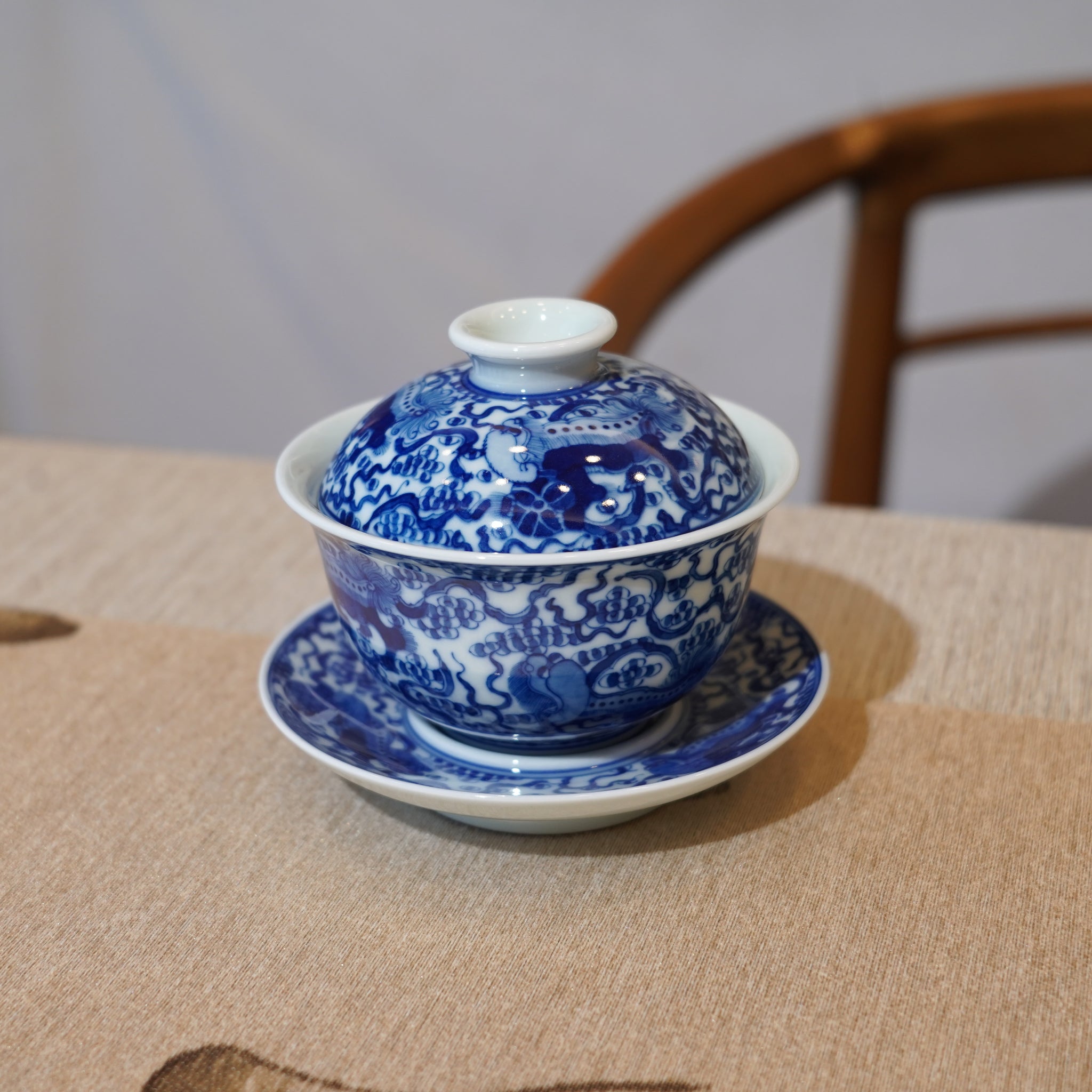 【祥獅獻瑞】景德鎮手繪青花瓷柴窯蓋碗