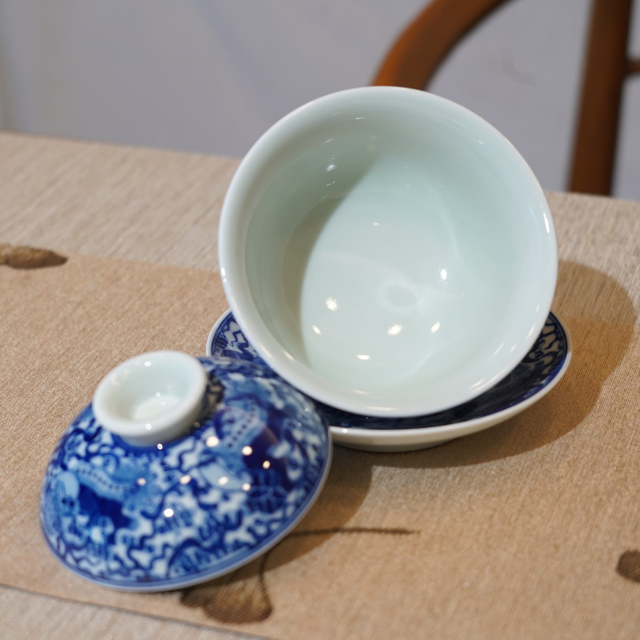 【祥獅獻瑞】景德鎮手繪青花瓷柴窯蓋碗