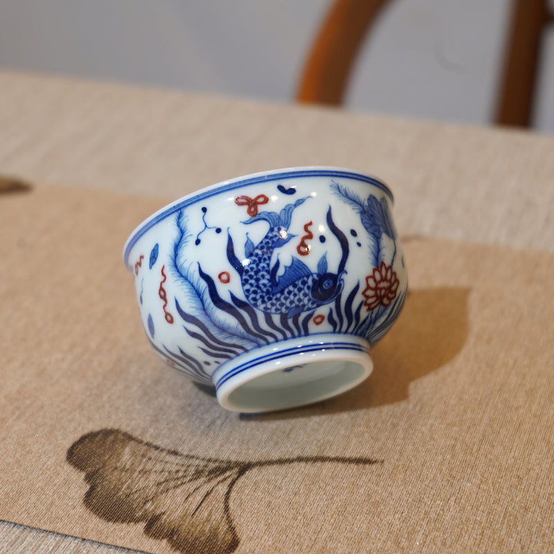 *新品*【魚藻紋】景德鎮手繪青花釉裏紅圓融主人杯