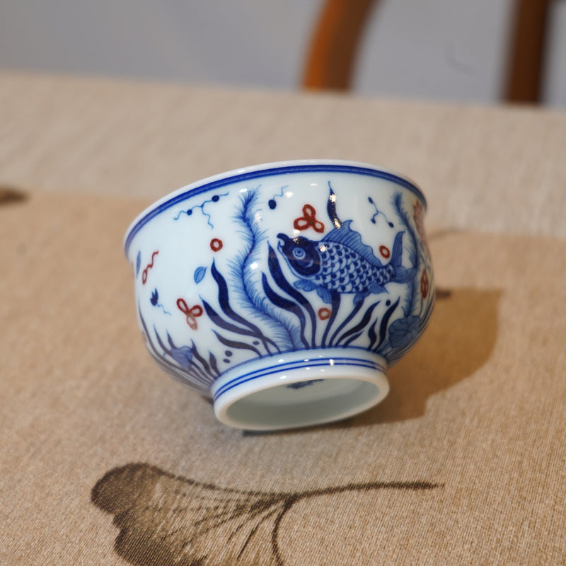 *新品*【魚藻紋】景德鎮手繪青花釉裏紅圓融主人杯