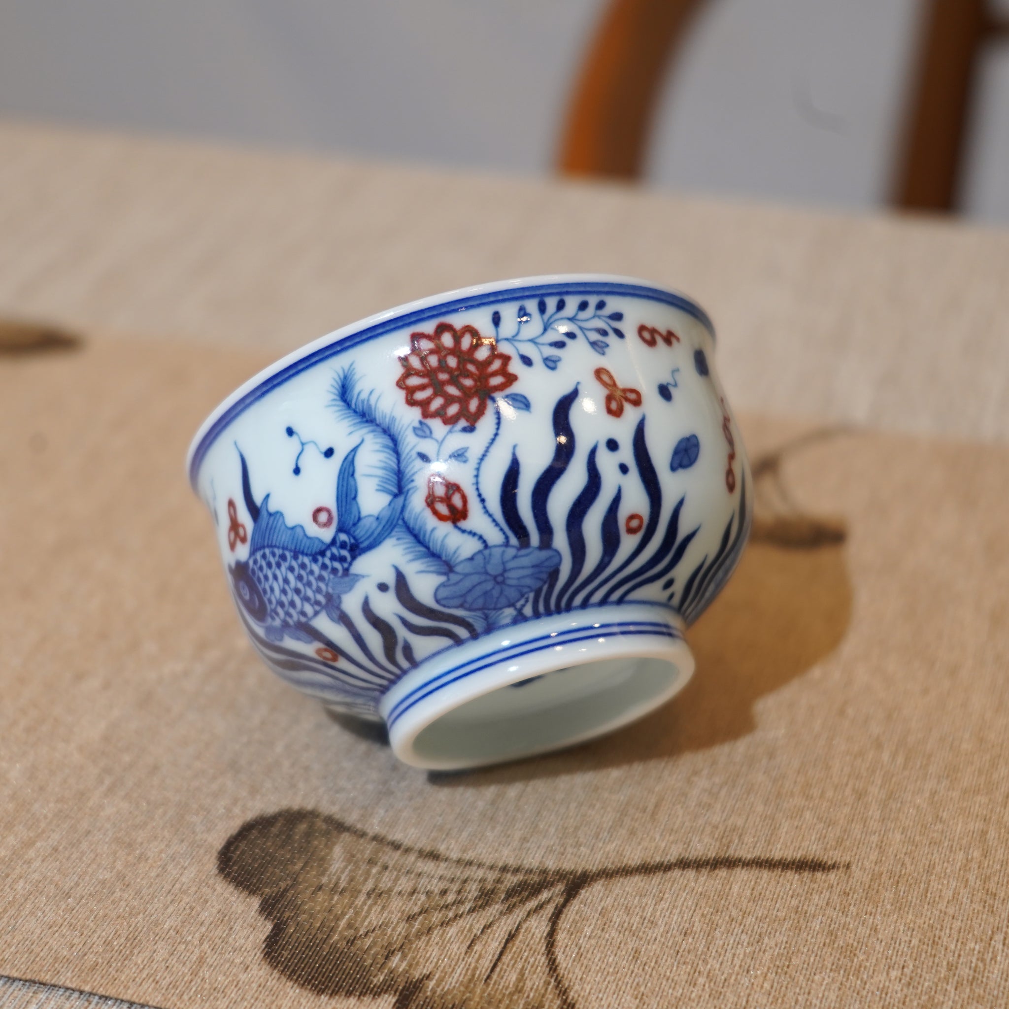 *新品*【魚藻紋】景德鎮手繪青花釉裏紅圓融主人杯