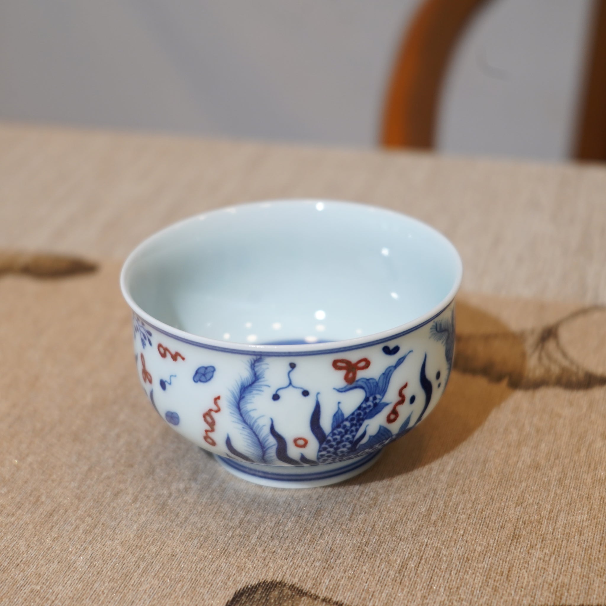 *新品*【魚藻紋】景德鎮手繪青花釉裏紅圓融主人杯