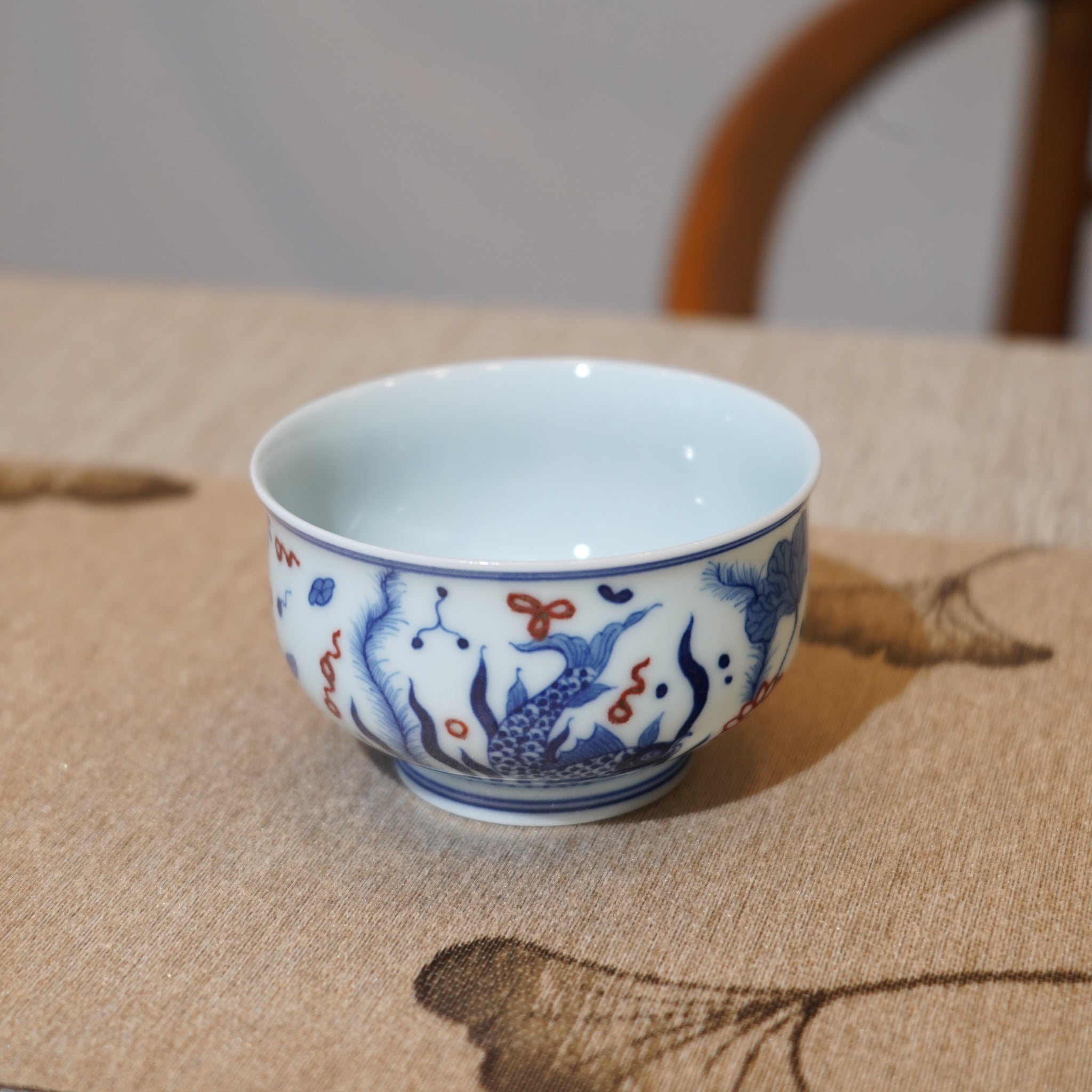 *新品*【魚藻紋】景德鎮手繪青花釉裏紅圓融主人杯