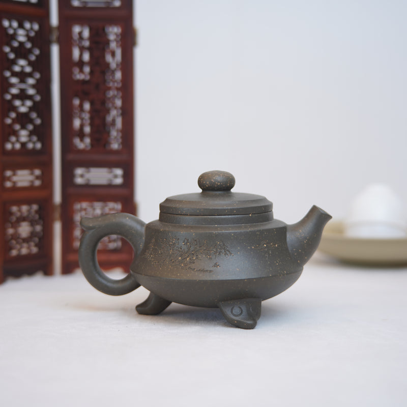 *New Product* [Three-Legged Tripod] Purple Clay Teapot with Inscribed Words on Azure Clay