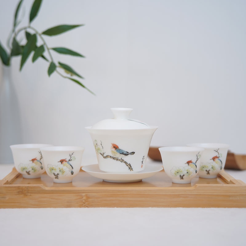 [Birds singing and flowers fragrant] Jingdezhen hand-painted ultra-thin matte white porcelain bowl set