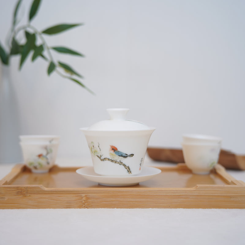 [Birds singing and flowers fragrant] Jingdezhen hand-painted ultra-thin matte white porcelain bowl set